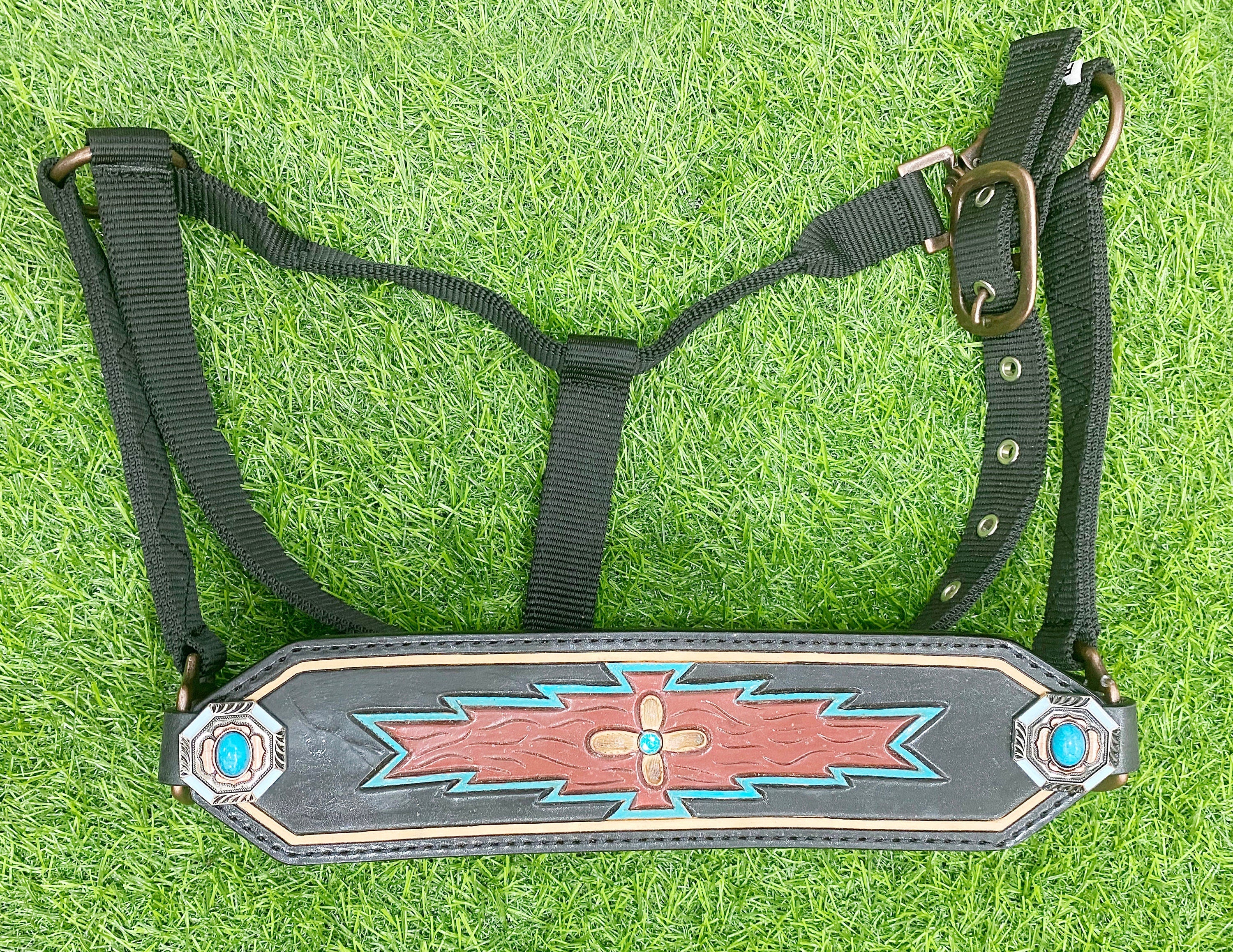 MOUSM Western Bronc Halter – Argentina Cow Leather Halter for Horse Decorated with Hand-Painted Geometrical Carving, Antique Copper Hardware