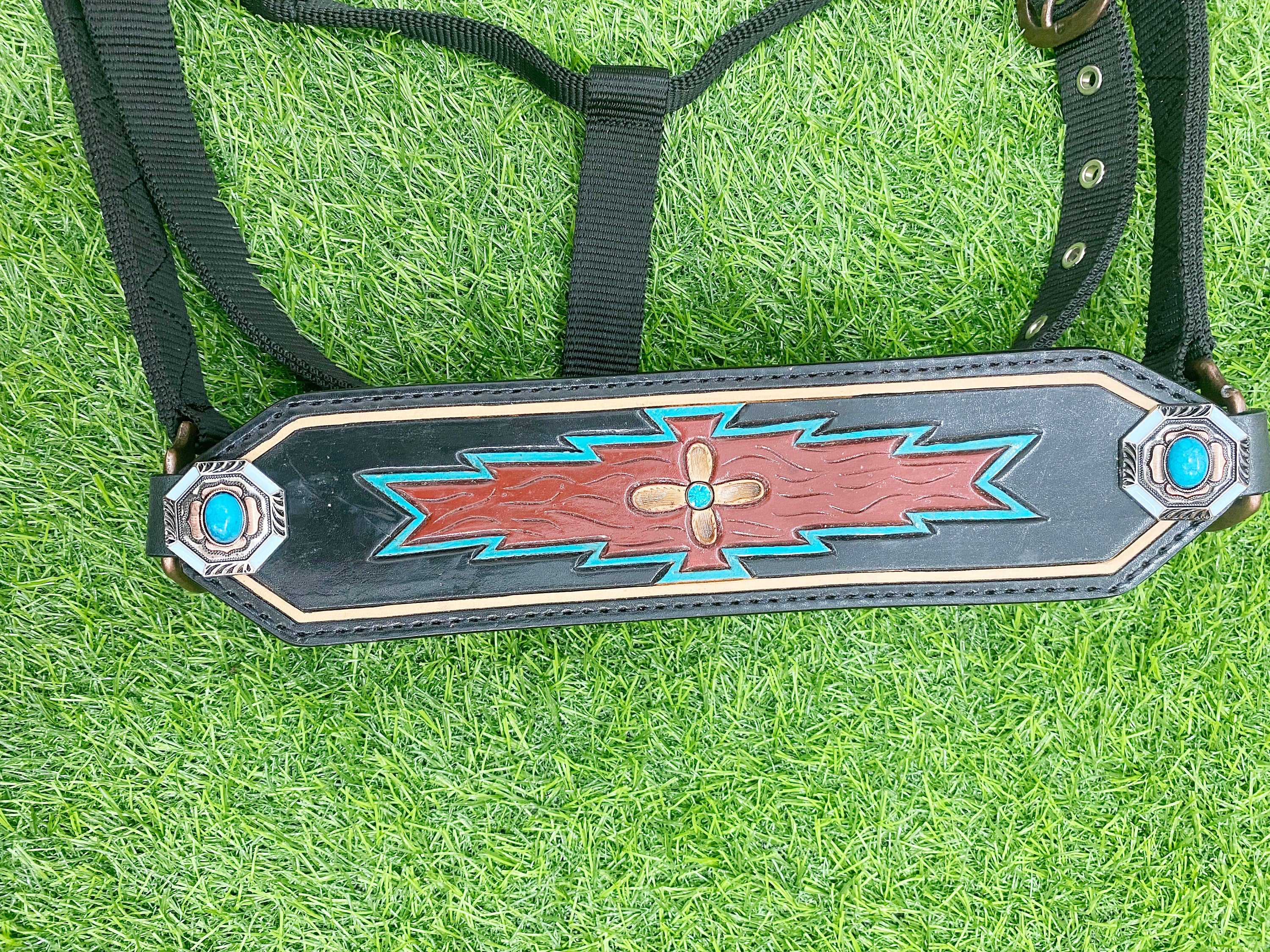 MOUSM Western Bronc Halter – Argentina Cow Leather Halter for Horse Decorated with Hand-Painted Geometrical Carving, Antique Copper Hardware