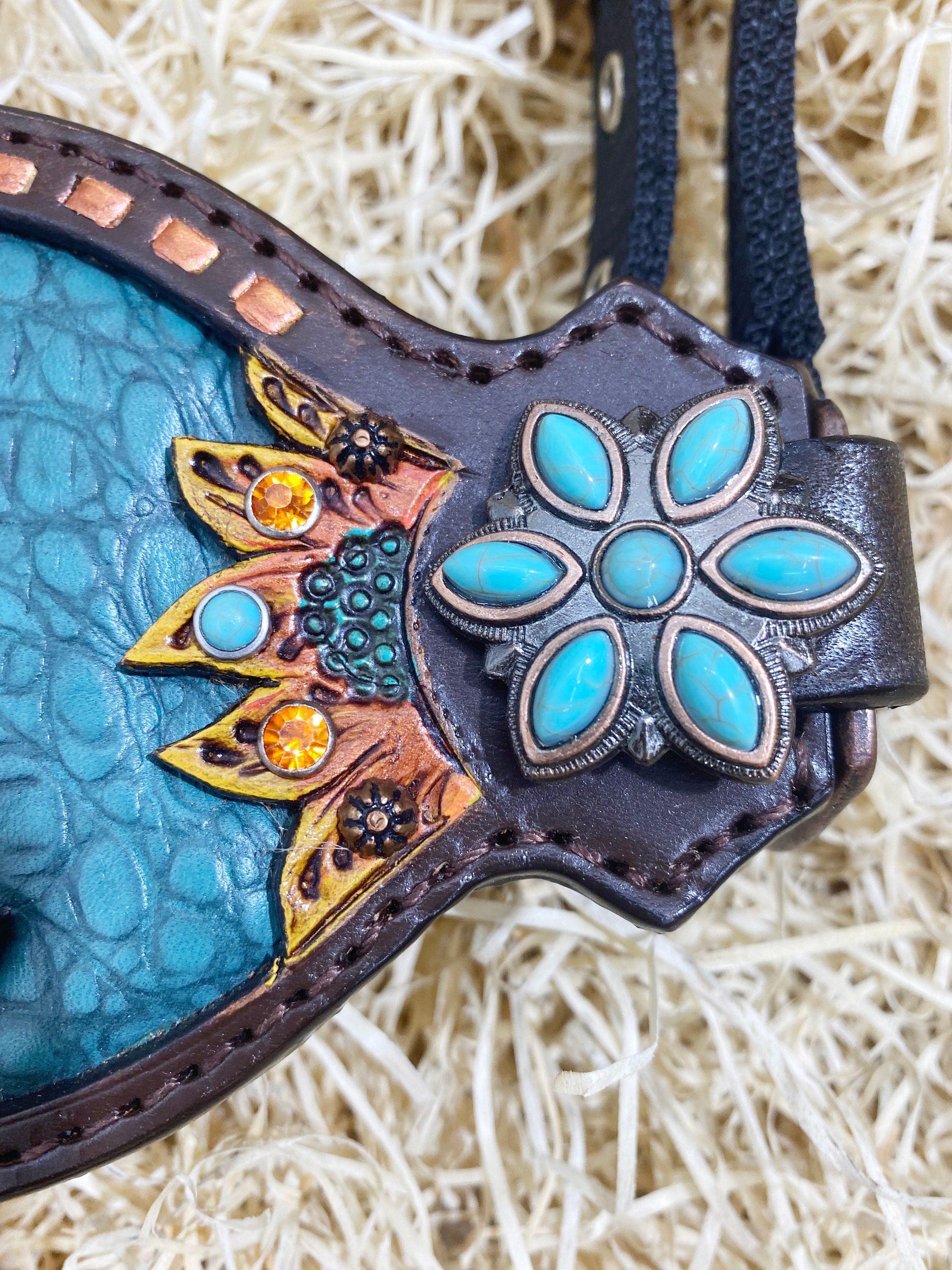 MOUSM Western Bronc Halter – Argentina Cow Leather Halter for Horse Decorated with Sunflower Carving and Turquoise Alligator Skin-Pattern Inlay, Copper Buck Stitching & Turquoise Flower Conchos