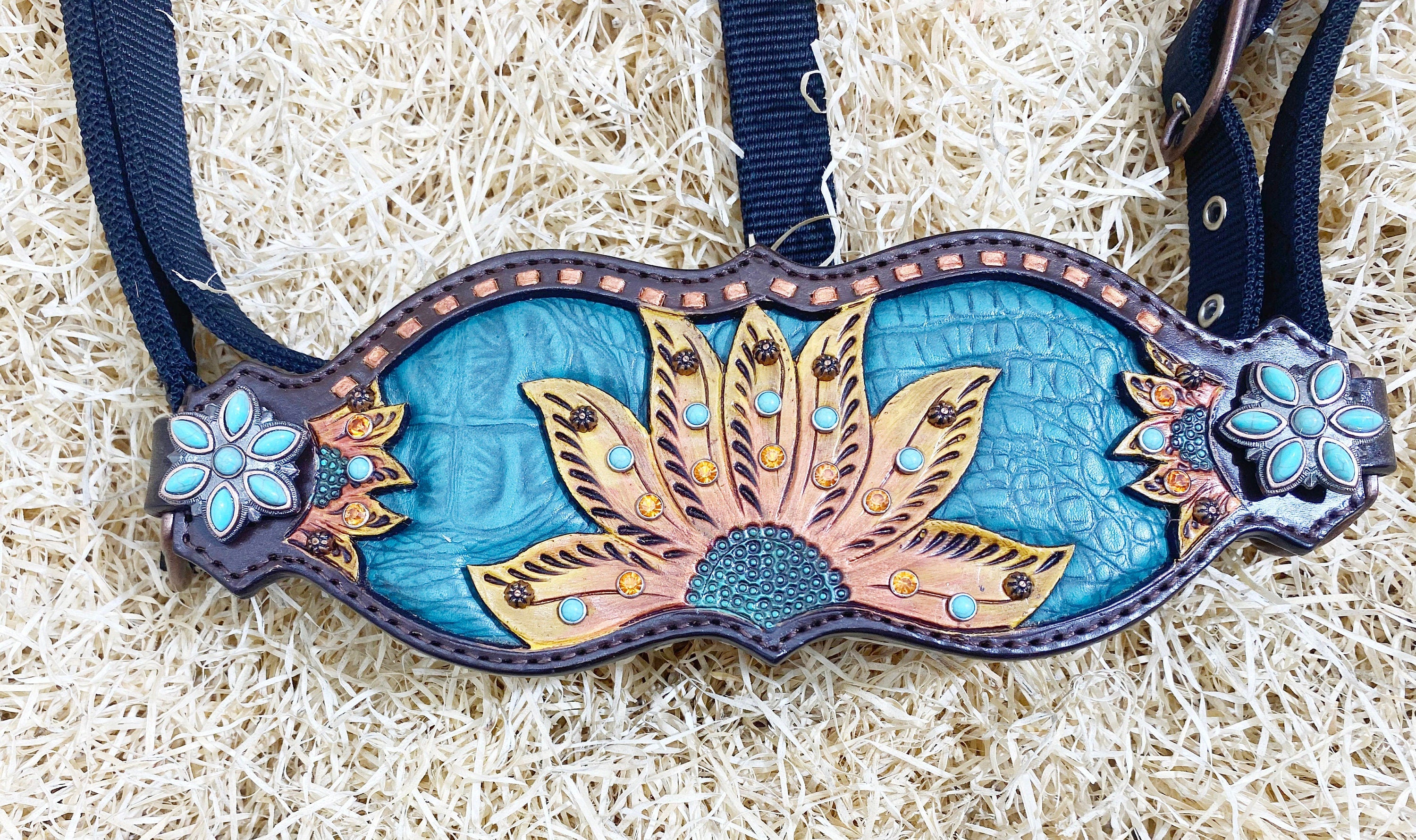 MOUSM Western Bronc Halter – Argentina Cow Leather Halter for Horse Decorated with Sunflower Carving and Turquoise Alligator Skin-Pattern Inlay, Copper Buck Stitching & Turquoise Flower Conchos
