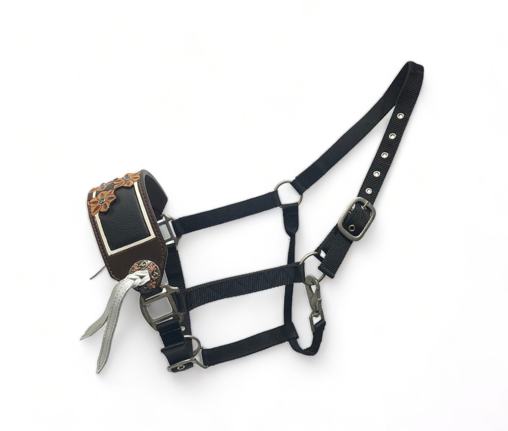 MOUSM Western Bronc Halter – Argentina Cow Leather Halter for Horse Decorated with Sunflower Carving and Brown Leather Inlay, Turquoise Stones