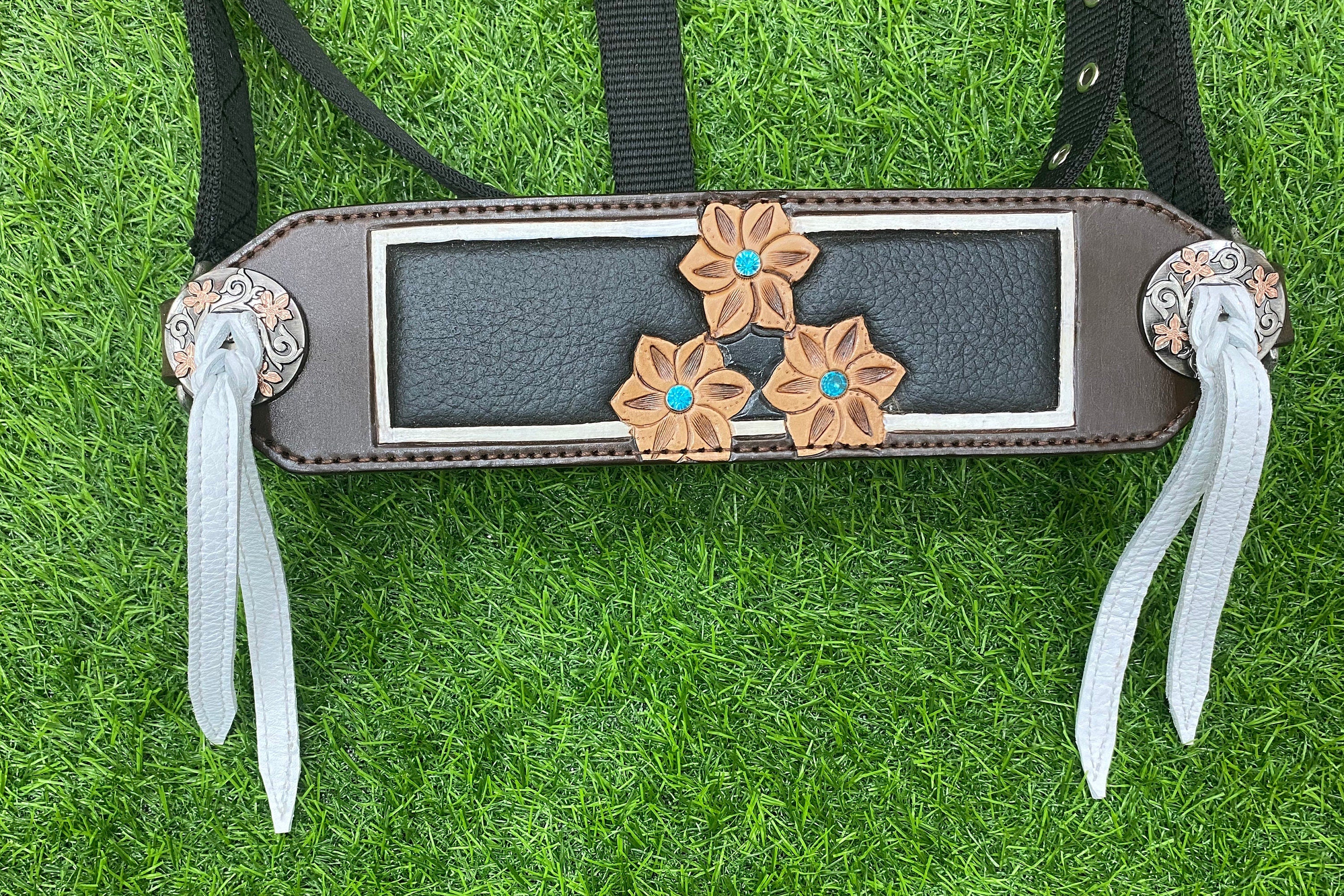 MOUSM Western Bronc Halter – Argentina Cow Leather Halter for Horse Decorated with Sunflower Carving and Brown Leather Inlay, Turquoise Stones
