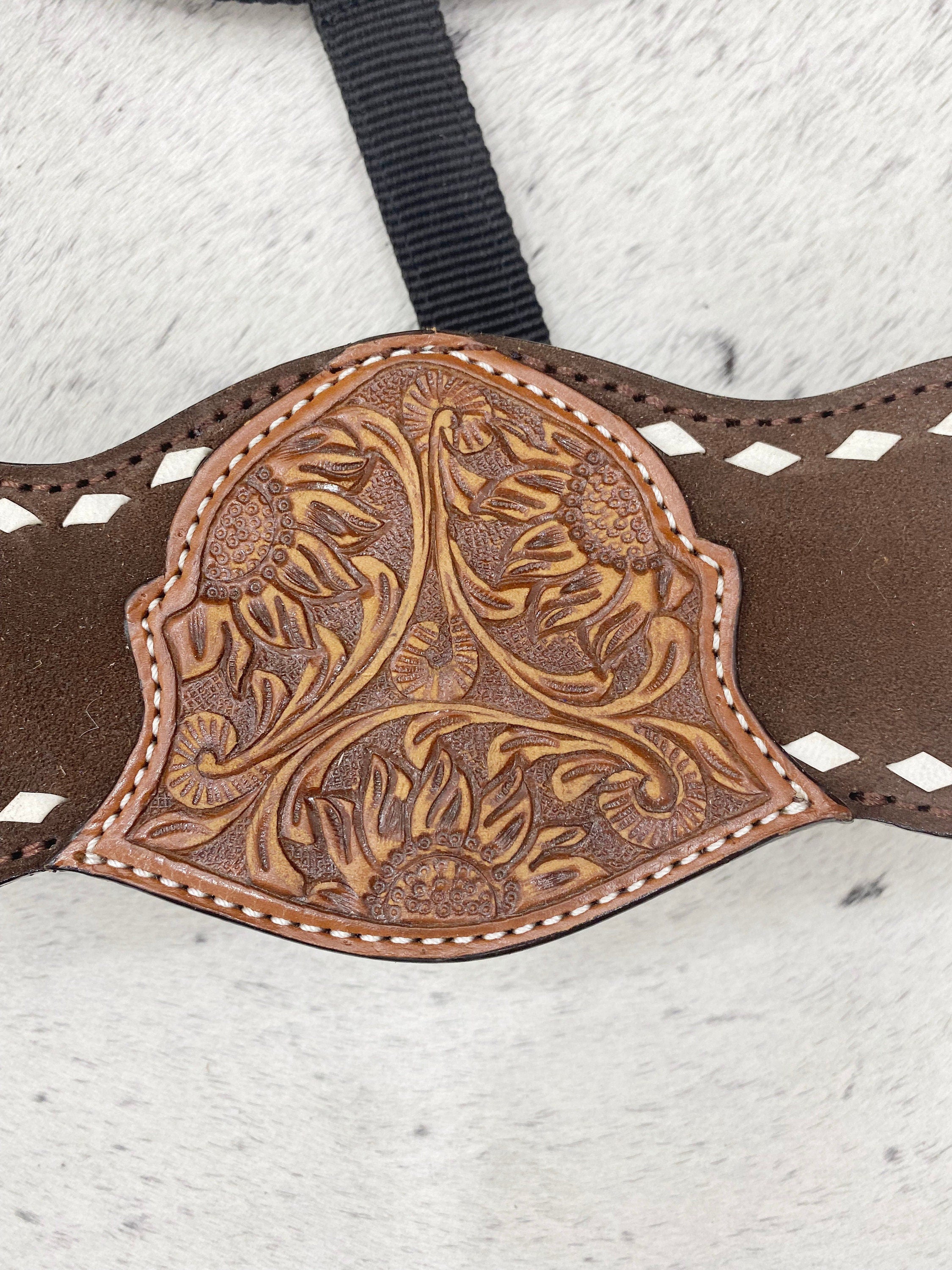 MOUSM Western Bronc Halter – Argentina Cow Leather Halter for Horse Decorated with Nickel Congress Conchos, White Buck Stitching with Intricate Floral Carving
