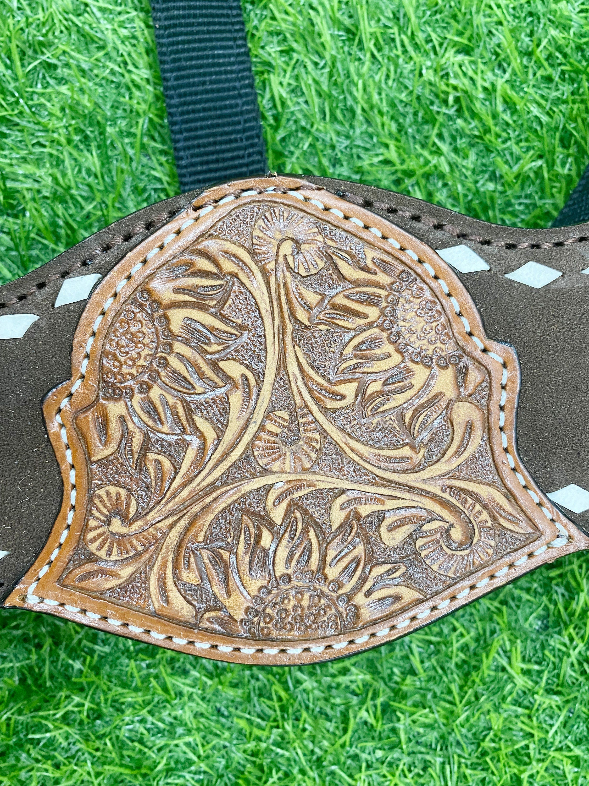MOUSM Western Bronc Halter – Argentina Cow Leather Halter for Horse Decorated with Nickel Congress Conchos, White Buck Stitching with Intricate Floral Carving