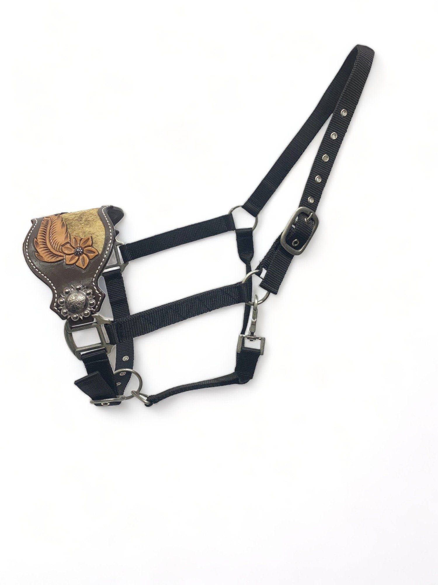 MOUSM Western Bronc Halter – Argentina Cow Leather Halter for Horse Decorated with Feather & Flower Carving, Cowhide Inlay & Antique Nickel Hardware