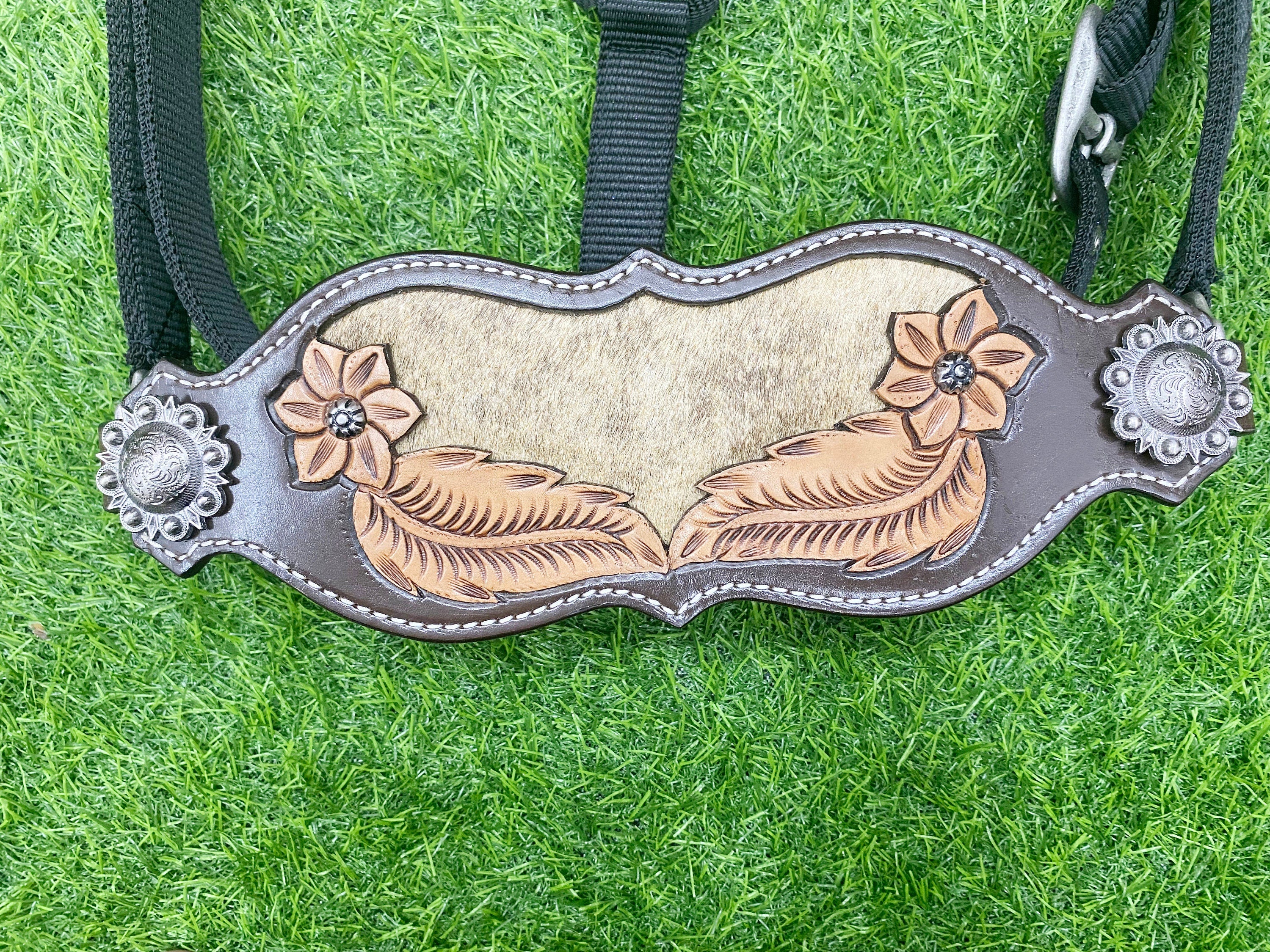 MOUSM Western Bronc Halter – Argentina Cow Leather Halter for Horse Decorated with Feather & Flower Carving, Cowhide Inlay & Antique Nickel Hardware