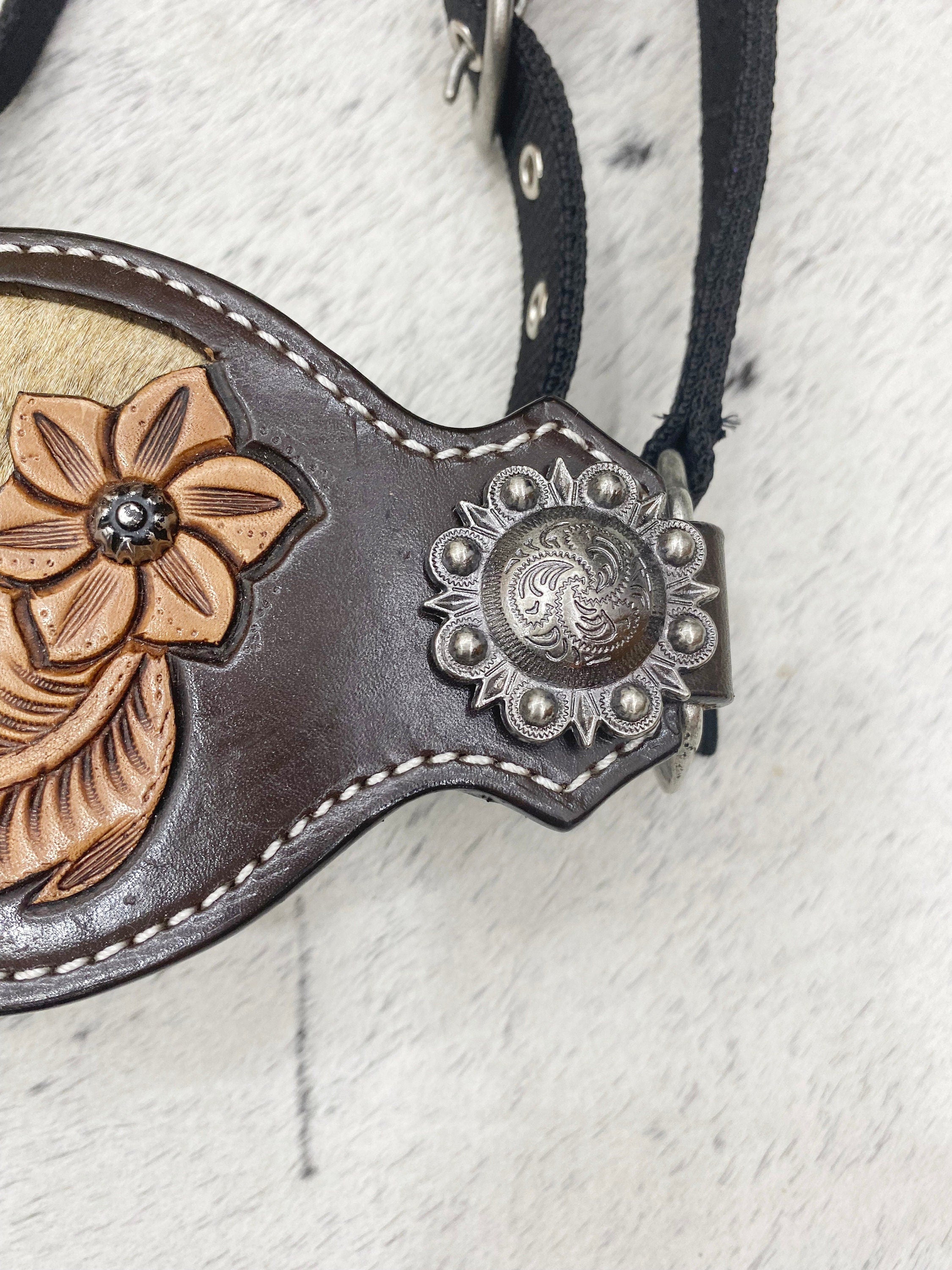 MOUSM Western Bronc Halter – Argentina Cow Leather Halter for Horse Decorated with Feather & Flower Carving, Cowhide Inlay & Antique Nickel Hardware
