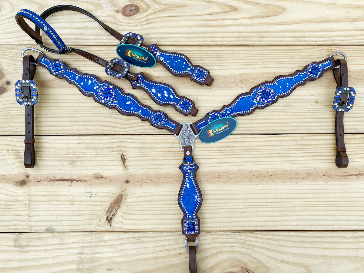 Blue Silver Metallic Acid Wash Cowhide Complete Headstall Set