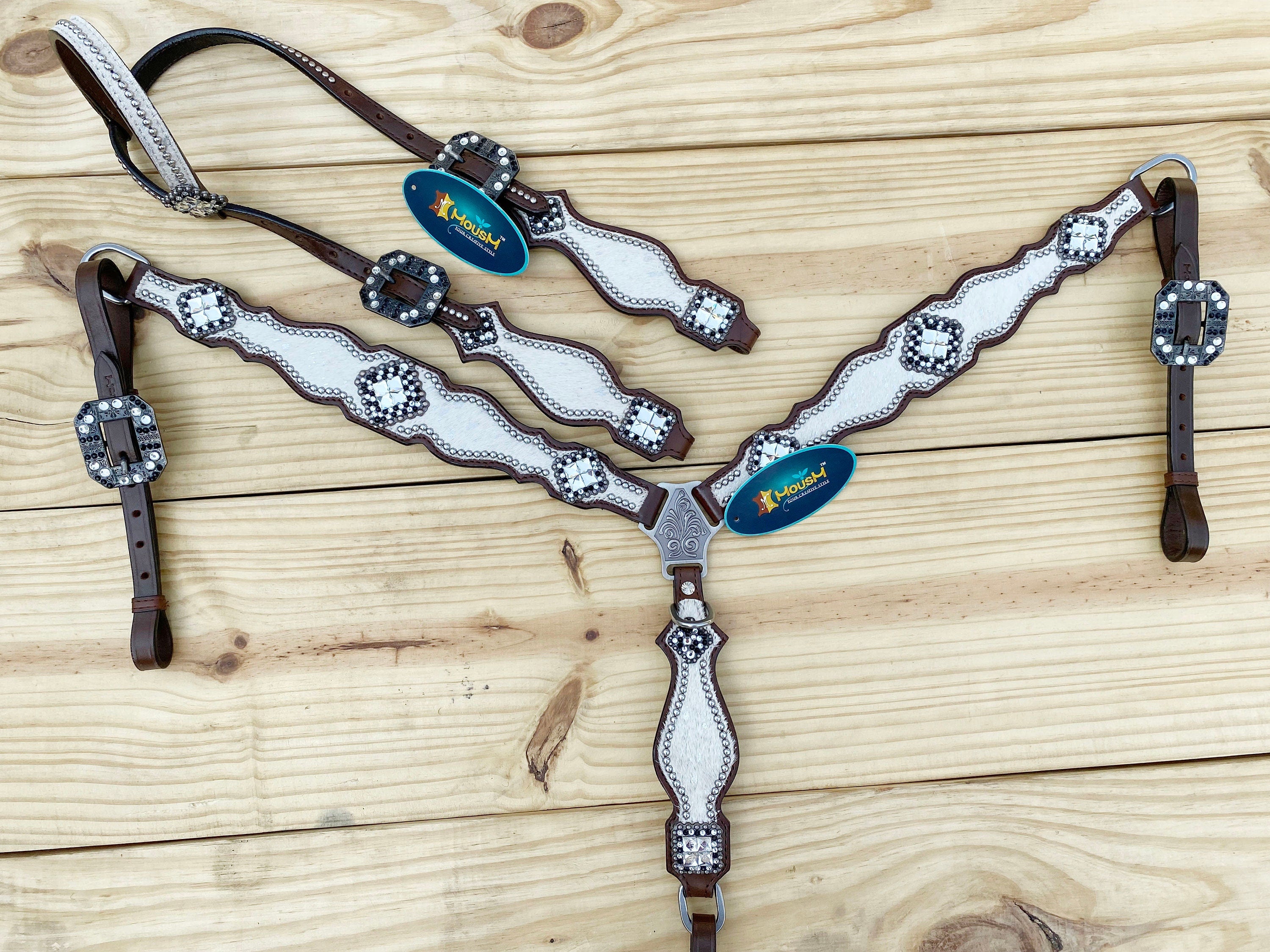 MOUSM Western Tack Set for Horse – Genuine Argentina Cowhide, White Silver Metallic Acid Wash Hair on, Antique Nickel Hardware