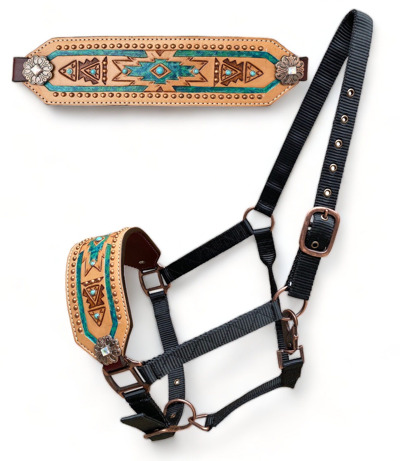 MOUSM Western Bronc Halter – Argentina Cow Leather Halter for Horse Decorated with Hand-Carved & Hand-Painted Aztec Design Surrounded by Copper Studs, Antique Copper Concho