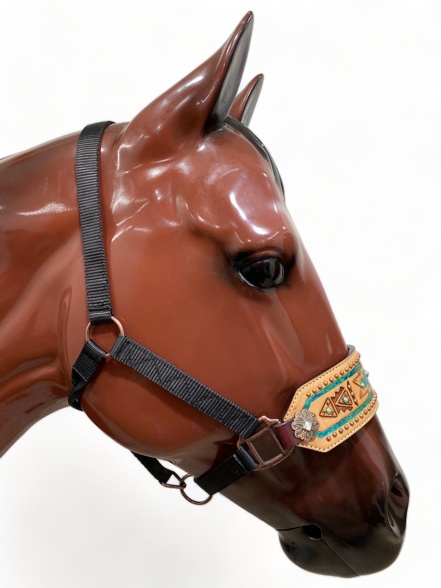 MOUSM Western Bronc Halter – Argentina Cow Leather Halter for Horse Decorated with Hand-Carved & Hand-Painted Aztec Design Surrounded by Copper Studs, Antique Copper Concho