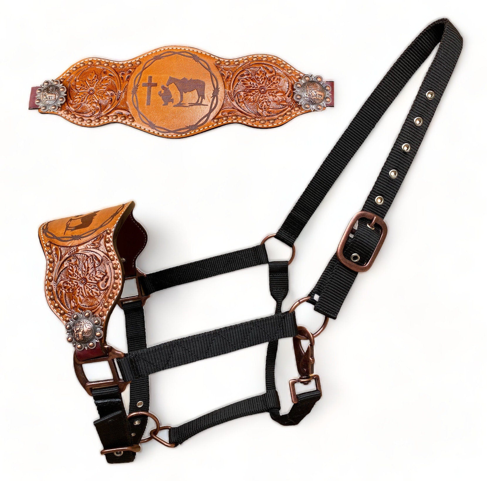 MOUSM Western Bronc Halter – Argentina Cow Leather Halter for Horse Decorated with Hand-Tooled Flower Carving & Praying Cowboy Engraving