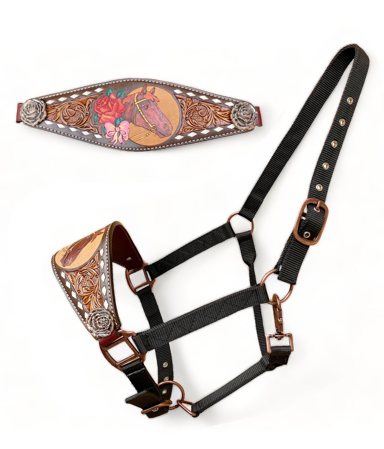 MOUSM Western Bronc Halter – Argentina Cow Leather Halter for Horse Decorated Hand-Tooled with Oak Fruit Carving, Rose Flower Accent, Horse Head Painting & Rose Concho