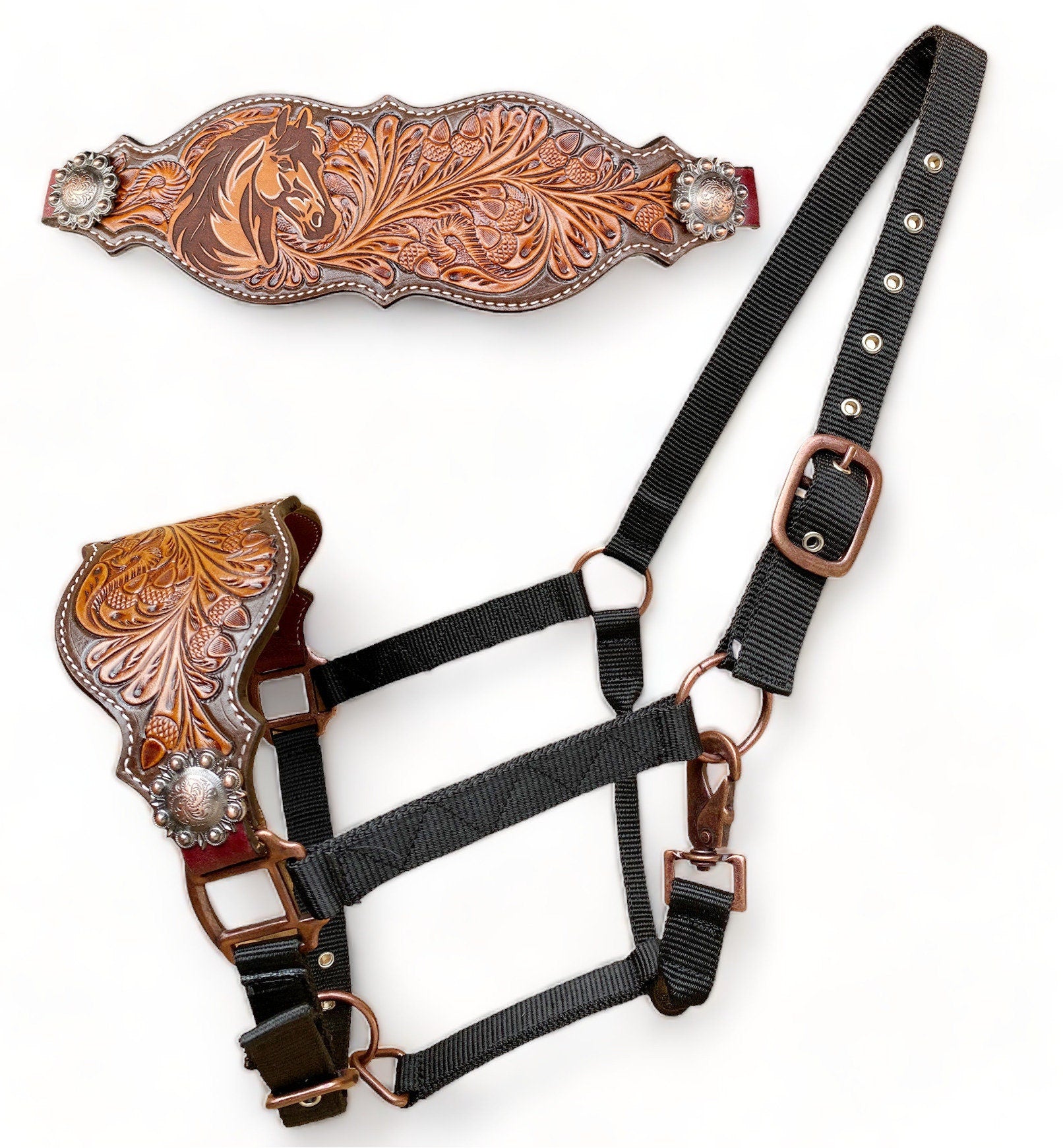 MOUSM Western Bronc Halter – Argentina Cow Leather Halter for Horse Decorated with Horse Head & Oak Fruit Carving, Fancy Concho