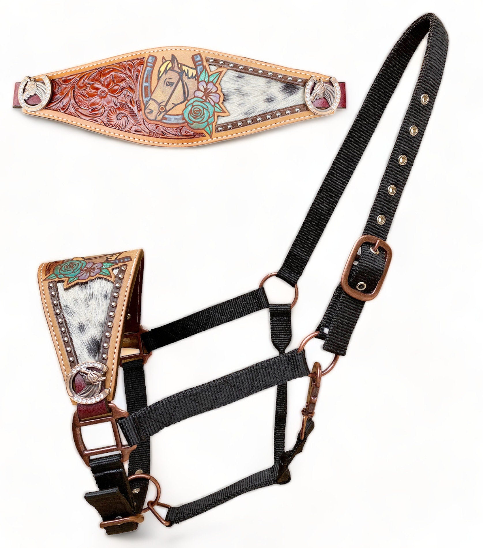 MOUSM Western Bronc Halter – Argentina Cow Leather Halter for Horse with Horseshoe Concho, Flower Carving, Horseshoe Painting & Cowhide Inlay