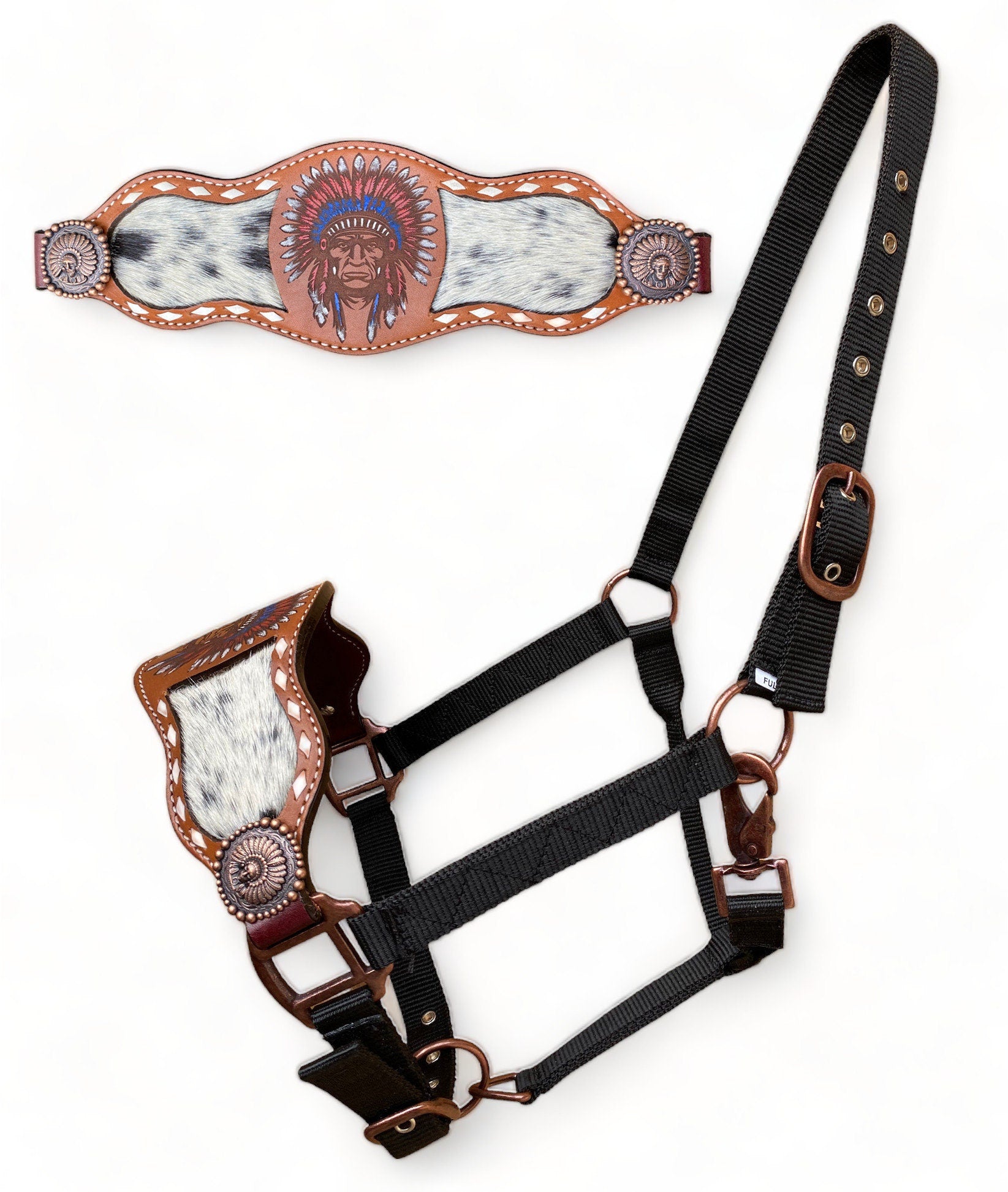 MOUSM Western Bronc Halter – Argentina Cow Leather Halter for Horse Decorated with Red Chief Engraving & Hand Painting with Red Chief Conchos, Cowhide Inlay