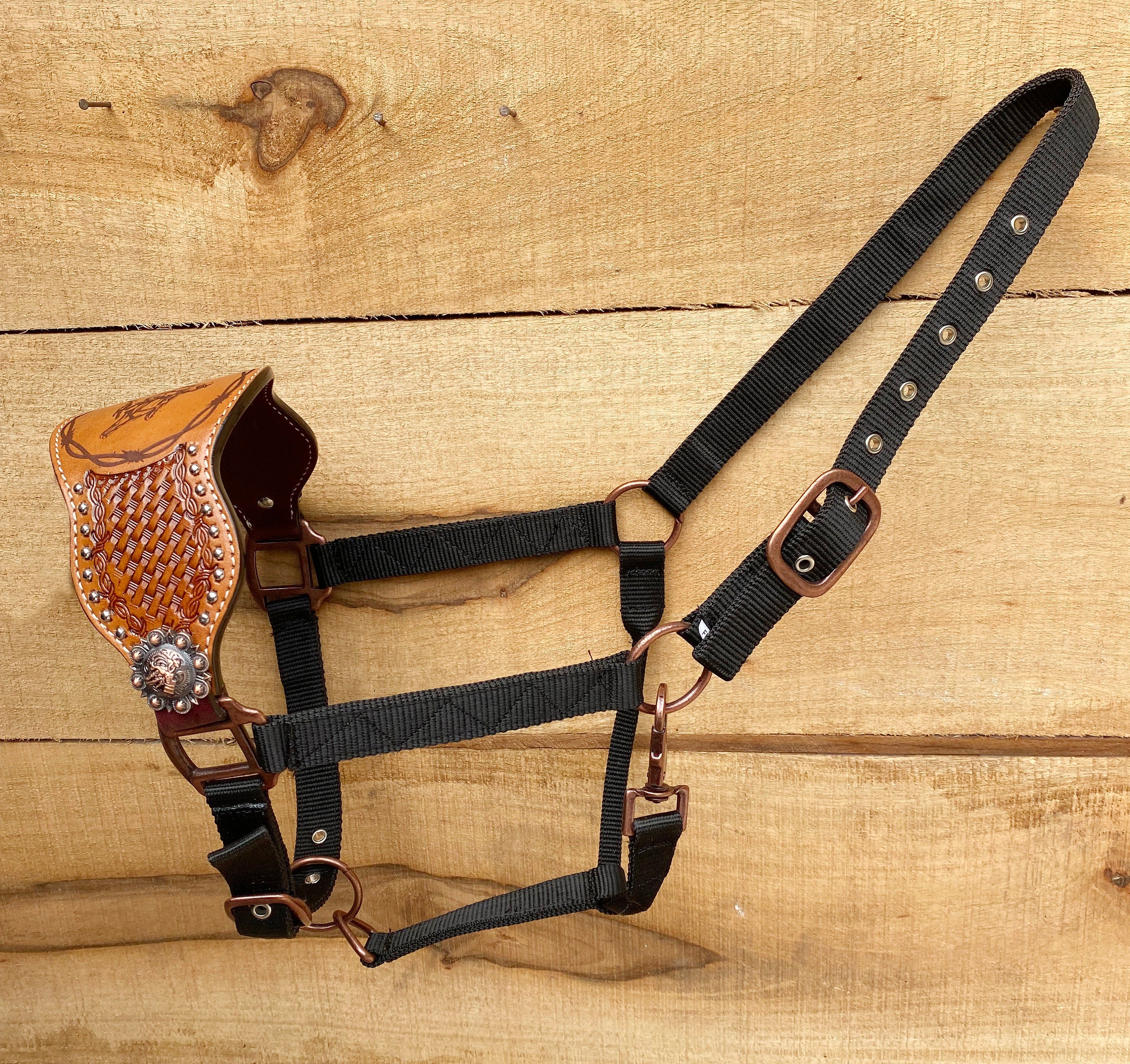 MOUSM Western Bronc Halter - Argentina Cow Leather Halter for Horse Decorated with Basket Tooling with BOB Wire Engraving with Barrel Horse