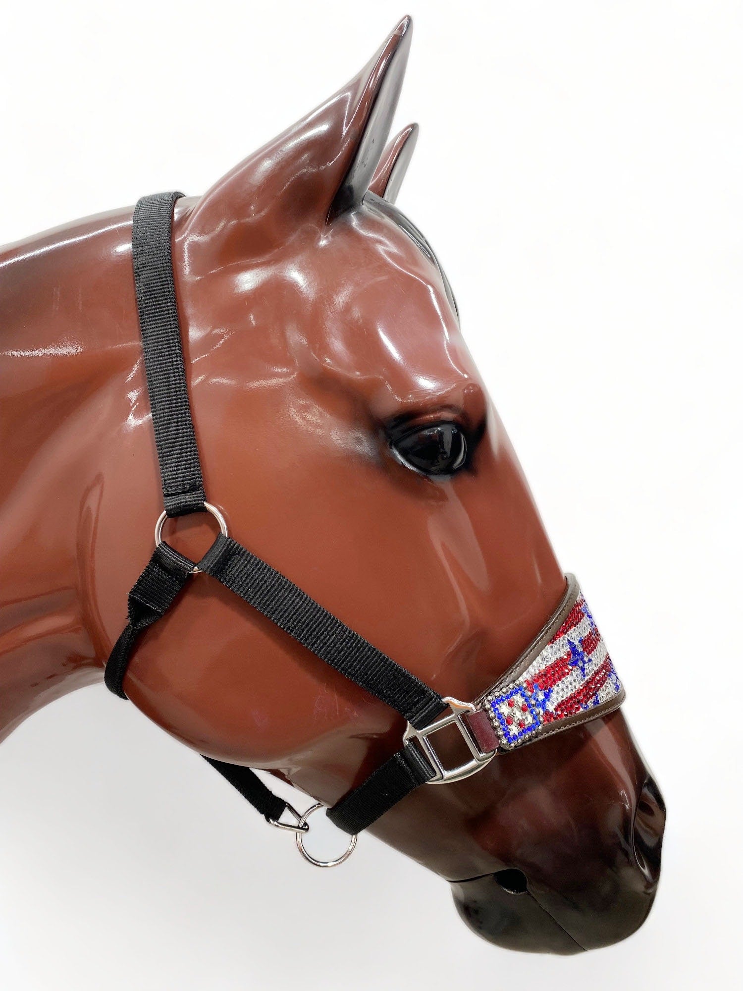 MOUSM Western Bronc Halter - Argentina Cow Leather Halter for Horse Decorated with American Flag Print Covered with Rhinestones
