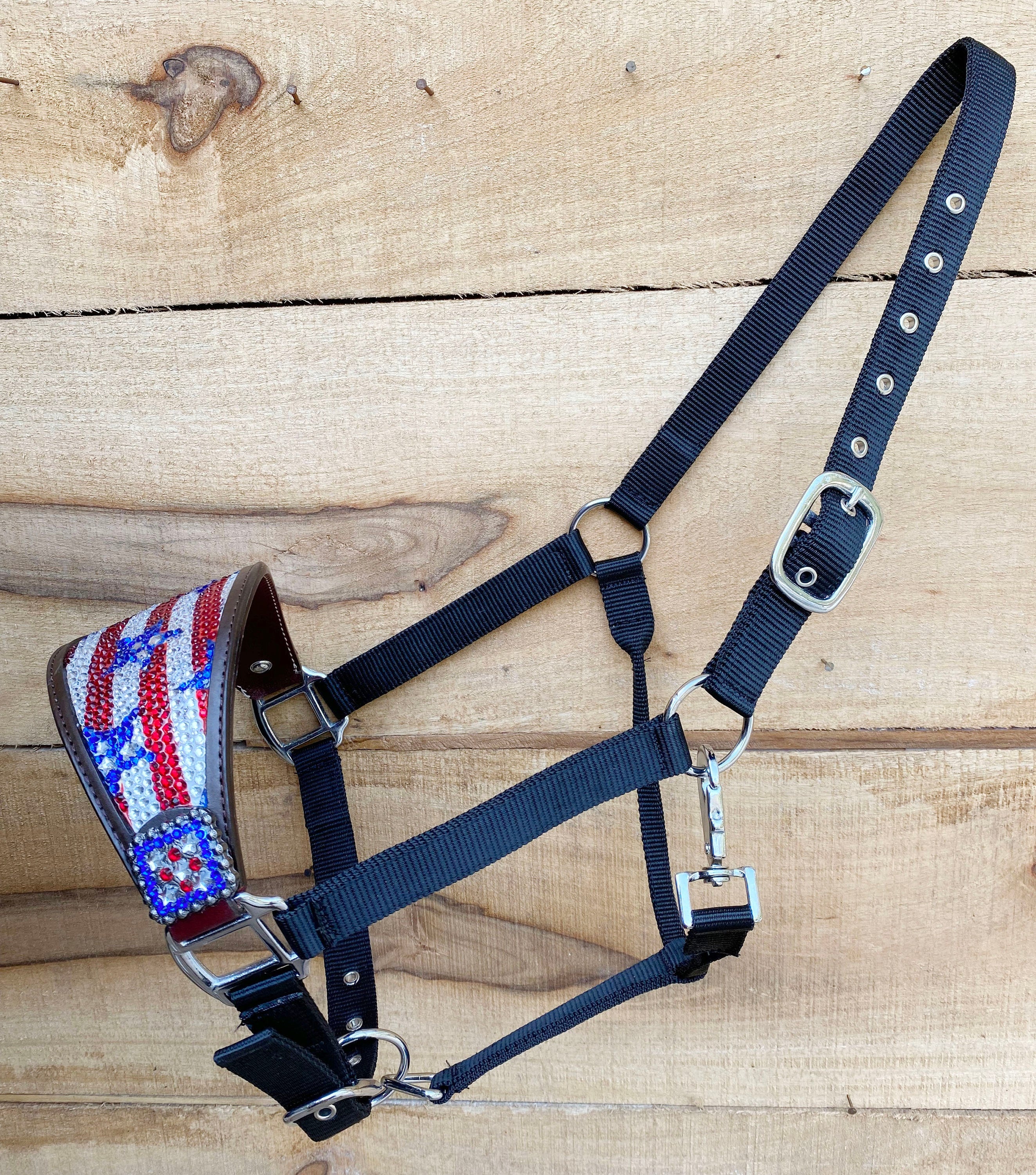 MOUSM Western Bronc Halter - Argentina Cow Leather Halter for Horse Decorated with American Flag Print Covered with Rhinestones