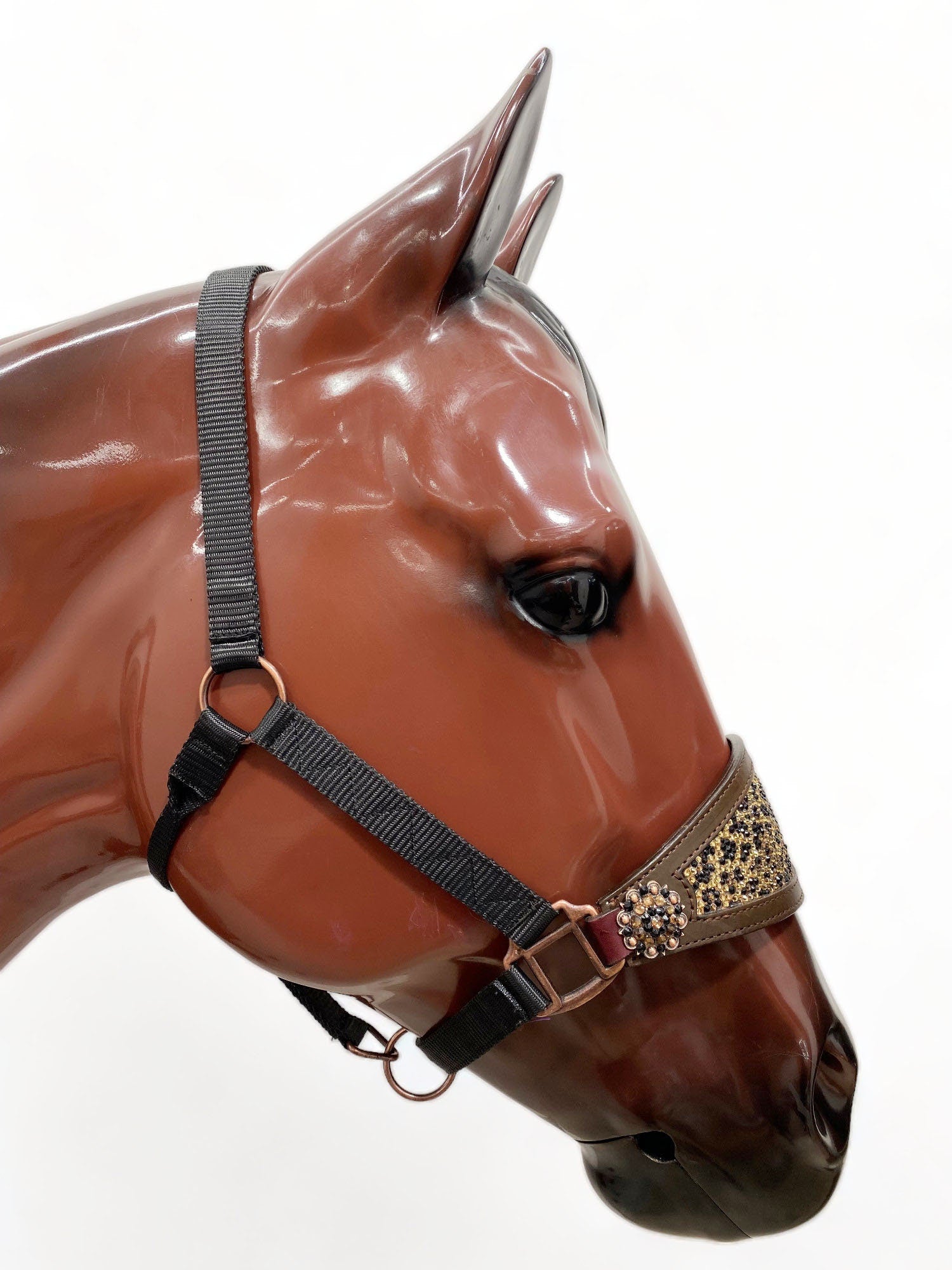 MOUSM Western Bronc Halter – Argentina Cow Leather Horse Halter with Leopard Print Rhinestones Pattern With Matching Concho