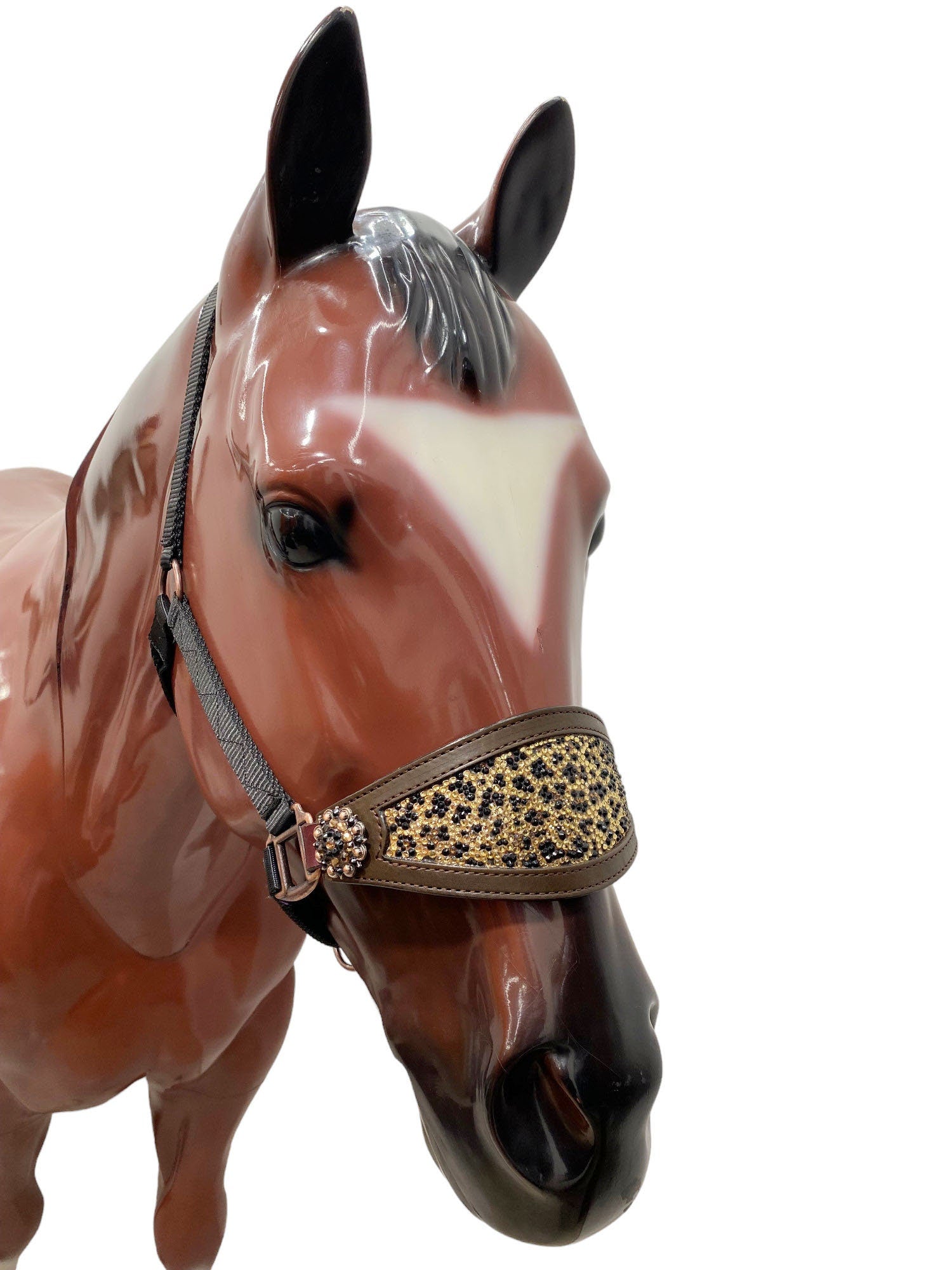 MOUSM Western Bronc Halter – Argentina Cow Leather Horse Halter with Leopard Print Rhinestones Pattern With Matching Concho