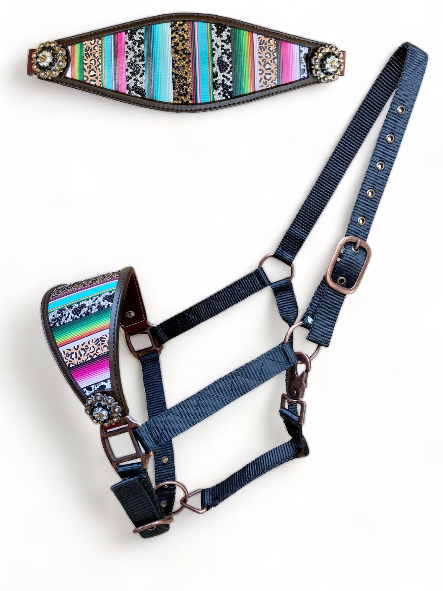 MOUSM Western Bronc Halter – Argentina Cow Leather Halter for Horse Decorated with Serape Stripes, Leopard Print, Embedded Glittered Stones & Rhinestone Conchos