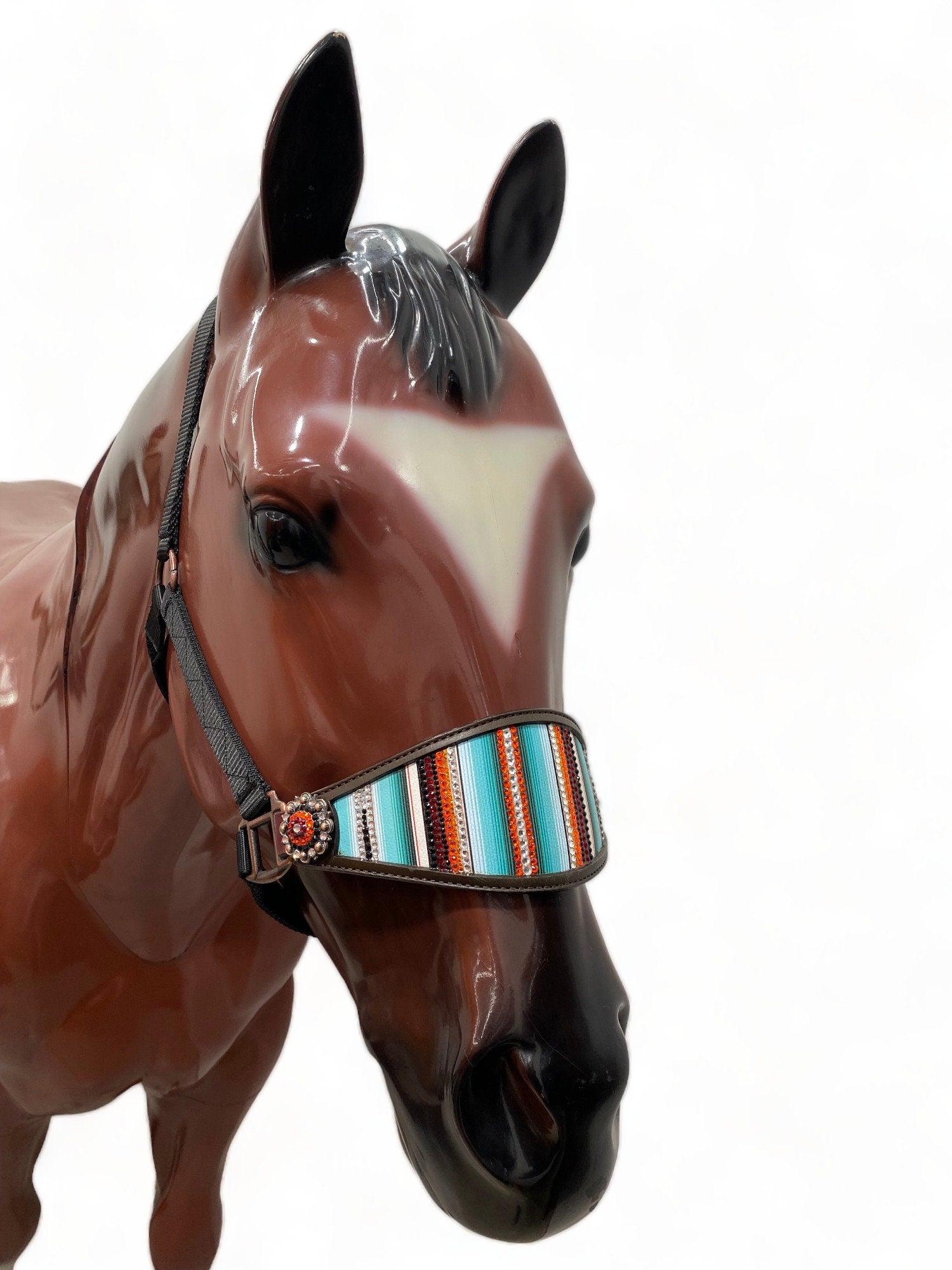 MOUSM Western Bronc Halter - Argentina Cow leather Bronc Halter for Horse Decorated with Orange Turquoise Serape Print, Embedded Stone on Center and Rhinestone Conchos