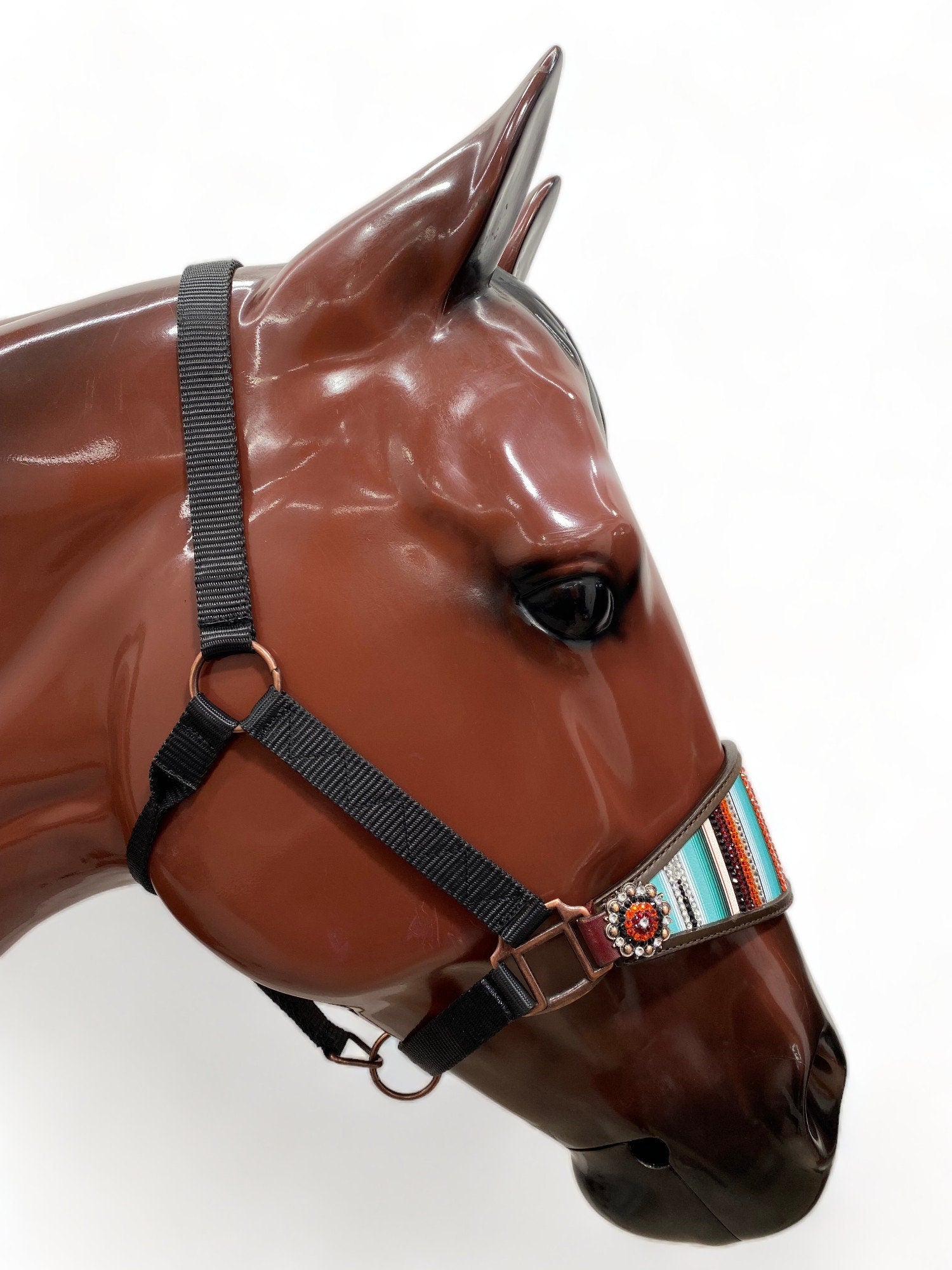 MOUSM Western Bronc Halter - Argentina Cow leather Bronc Halter for Horse Decorated with Orange Turquoise Serape Print, Embedded Stone on Center and Rhinestone Conchos