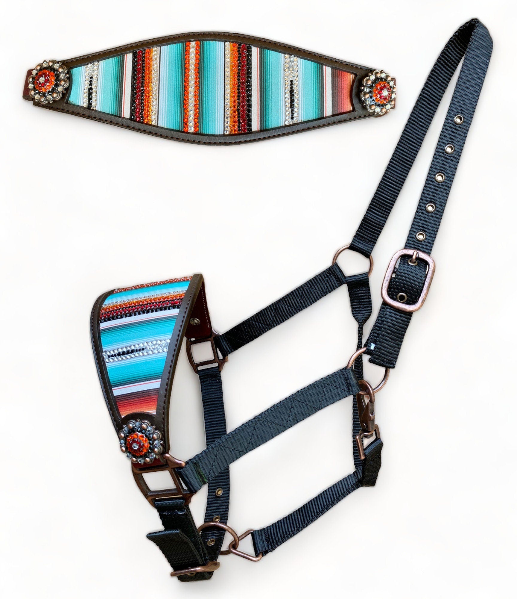 MOUSM Western Bronc Halter - Argentina Cow leather Bronc Halter for Horse Decorated with Orange Turquoise Serape Print, Embedded Stone on Center and Rhinestone Conchos