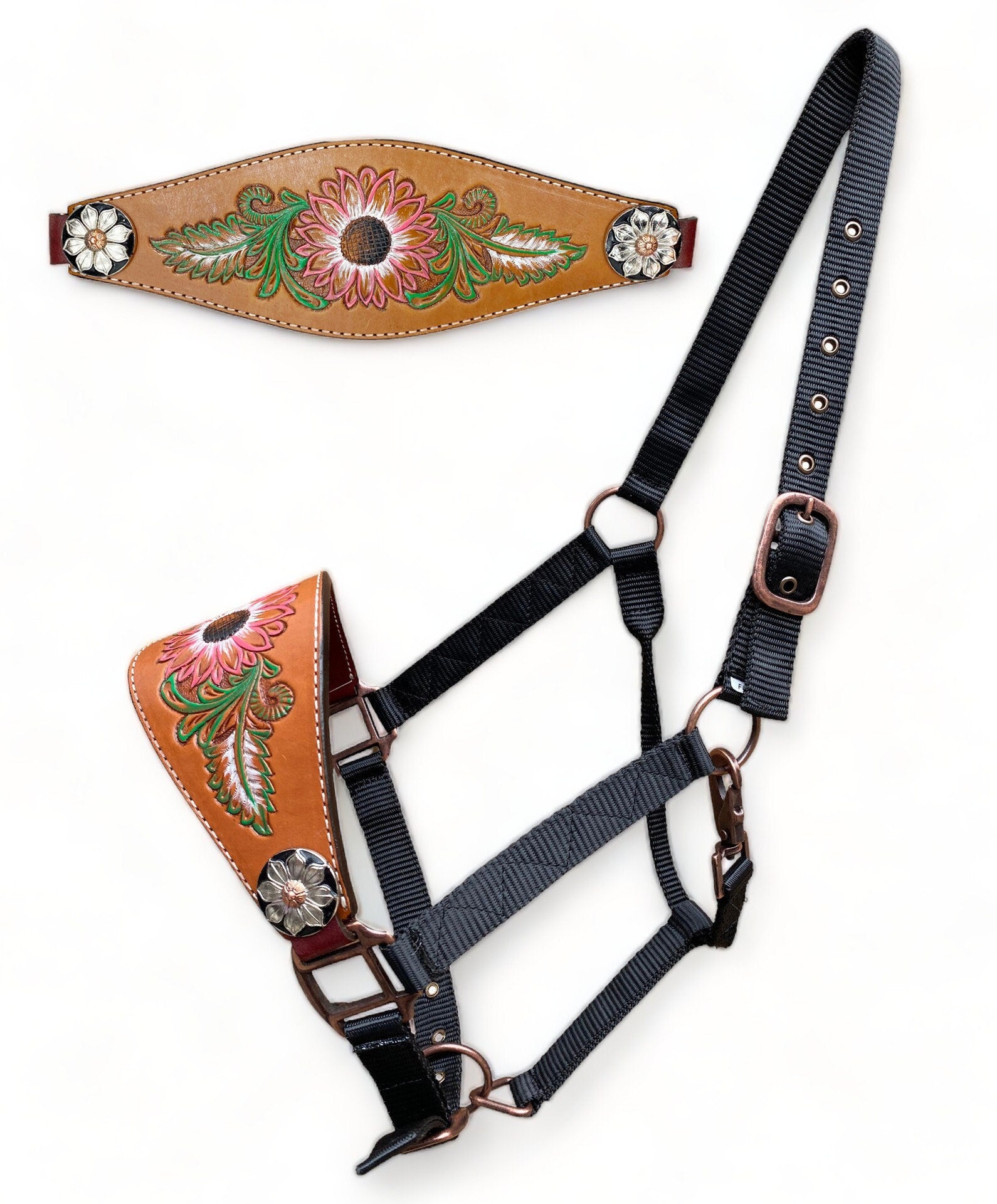 MOUSM Western Bronc Halter - Argentina Cow Leather Halter for Horse Decorated with Hand-Painted Sunflower and Leaf Carving, Shining Flower Concho