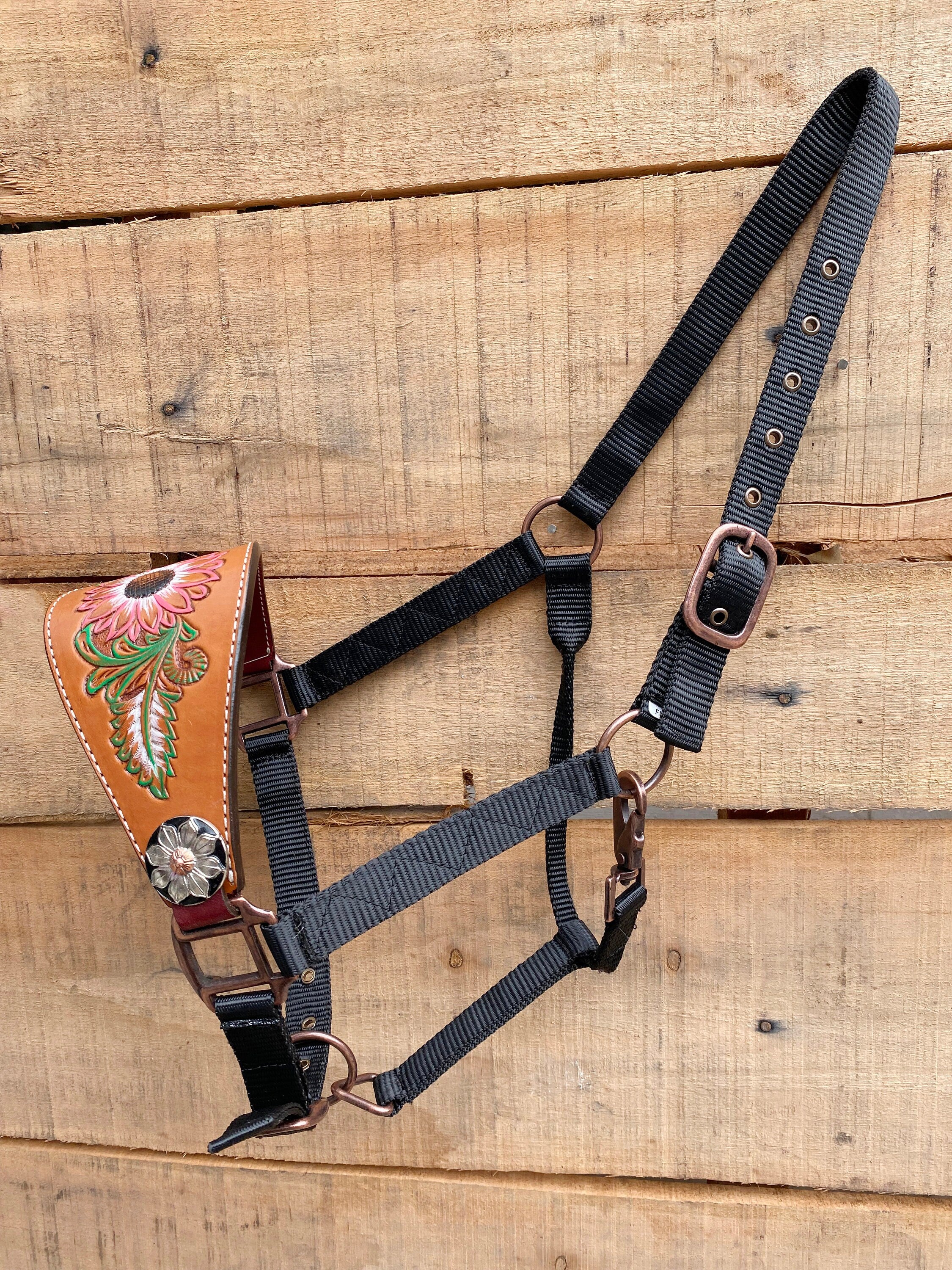 MOUSM Western Bronc Halter - Argentina Cow Leather Halter for Horse Decorated with Hand-Painted Sunflower and Leaf Carving, Shining Flower Concho
