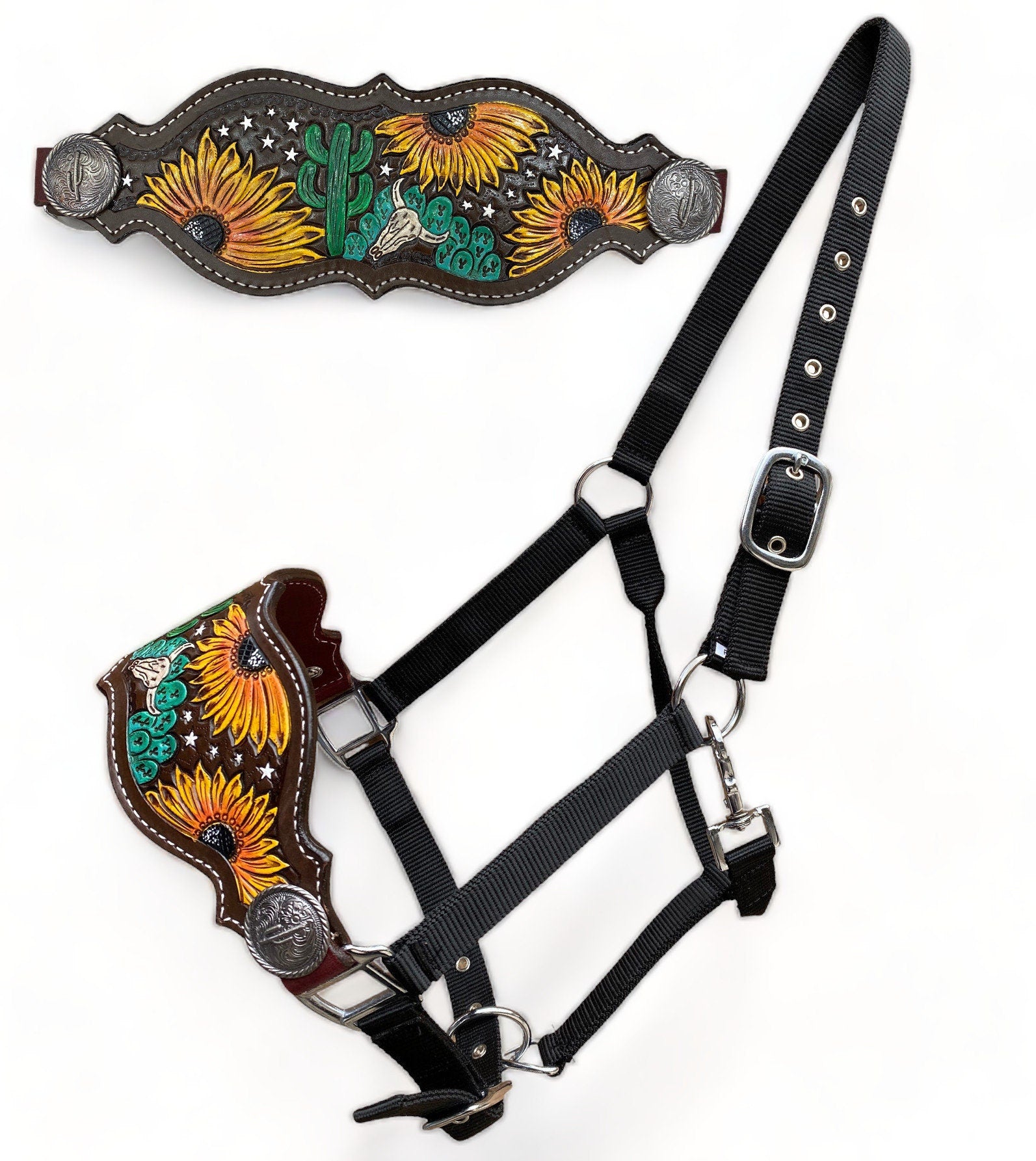 MOUSM Argentina Cow Leather Bronc Halter – Western Halter for Horse Decorated with Hand-Craved & Hand-Painted Sunflower, Cactus & Stars Carving, Emblem Cactus Conchos