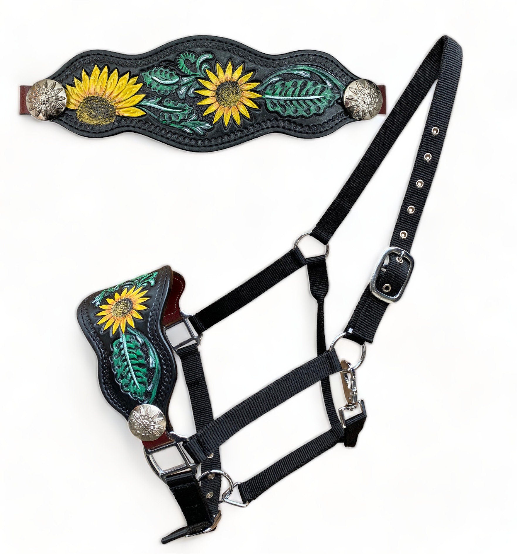 MOUSM Argentina Cow Leather Bronc Halter - Western Horse Halter Decorated with Hand-Painted Sunflower & Leaf Carving, Antique Nickle Sunflower Conchos