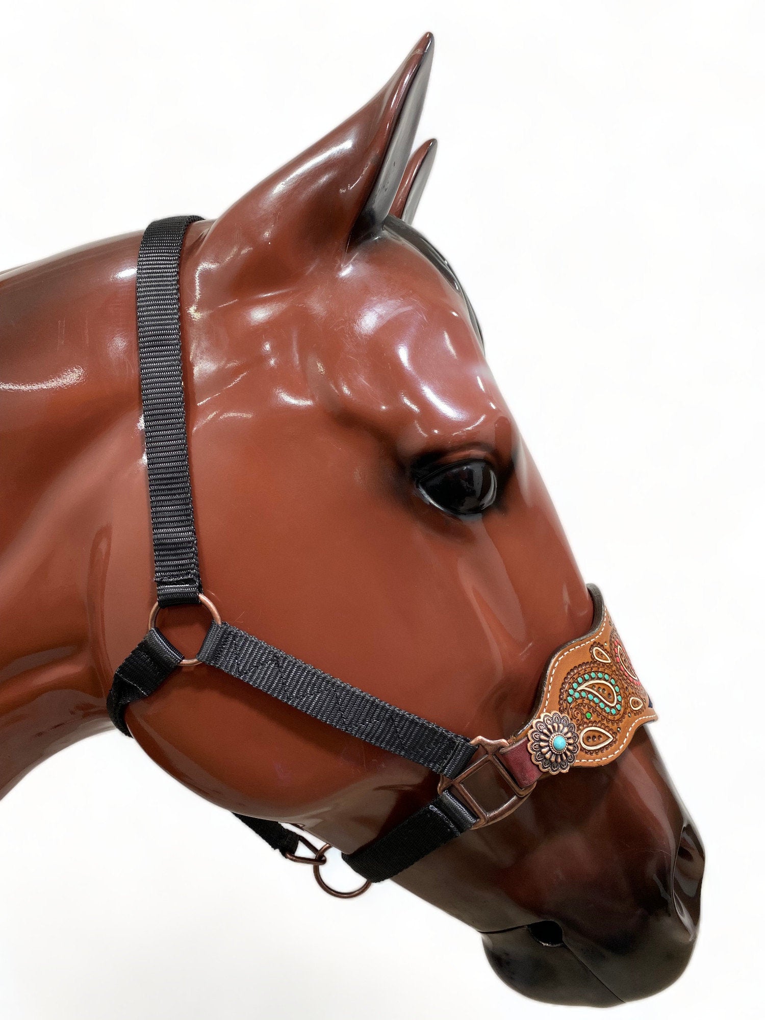 MOUSM Argentina Cow Leather Bronc Halter - Western Horse Halter Decorated with Paisley Carving with Royal Blue Snake Skin-Textured Pattern Inlay