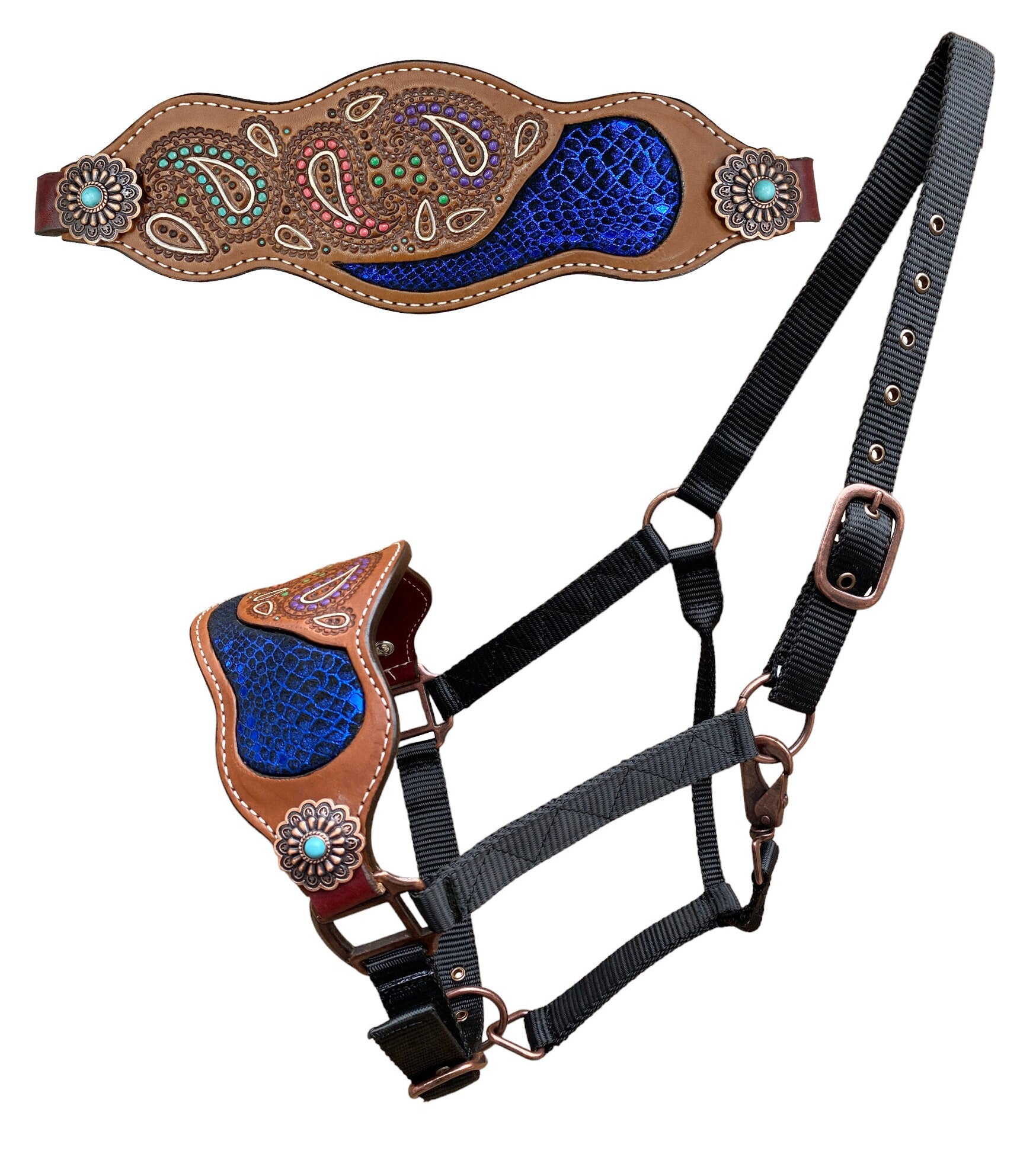 MOUSM Argentina Cow Leather Bronc Halter - Western Horse Halter Decorated with Paisley Carving with Royal Blue Snake Skin-Textured Pattern Inlay