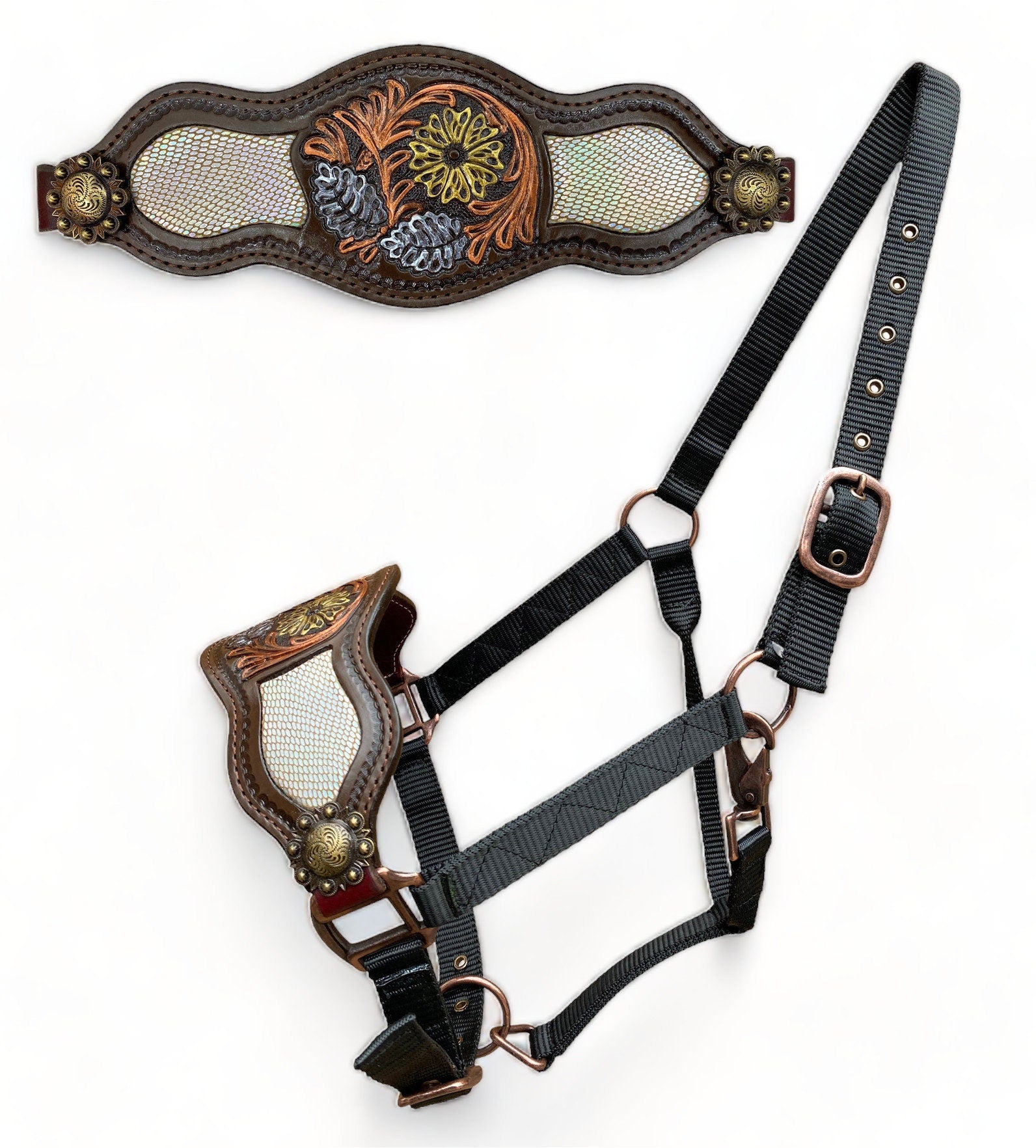 MOUSM Argentina Cow Leather Bronc Halter - Western Horse Halter Decorated with Floral & Leaf Carving and Holographic Snake Print Inlay, Antique Copper Conchos