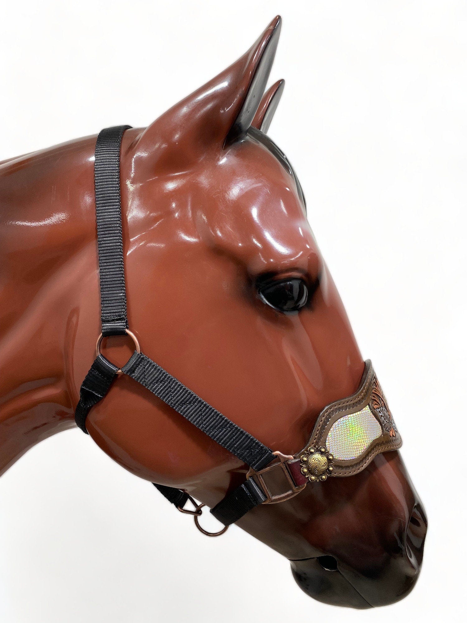 MOUSM Argentina Cow Leather Bronc Halter - Western Horse Halter Decorated with Floral & Leaf Carving and Holographic Snake Print Inlay, Antique Copper Conchos