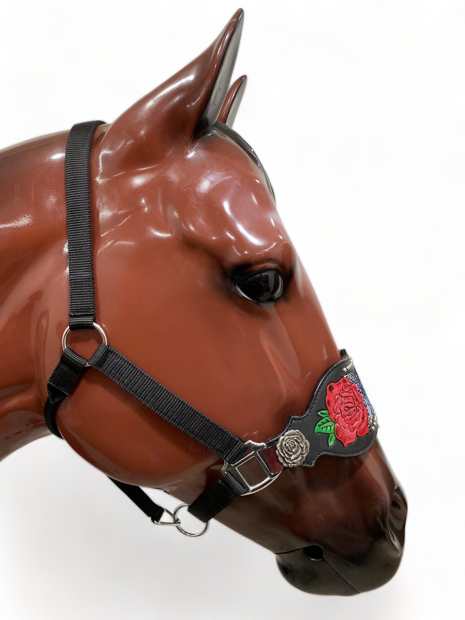 MOUSM Argentina Cow Leather Bronc Halter - Western Horse Halter Decorated with Hand-Carved Rose Design and Holographic Snake Print with Silver Studs & Rose Design Conchos