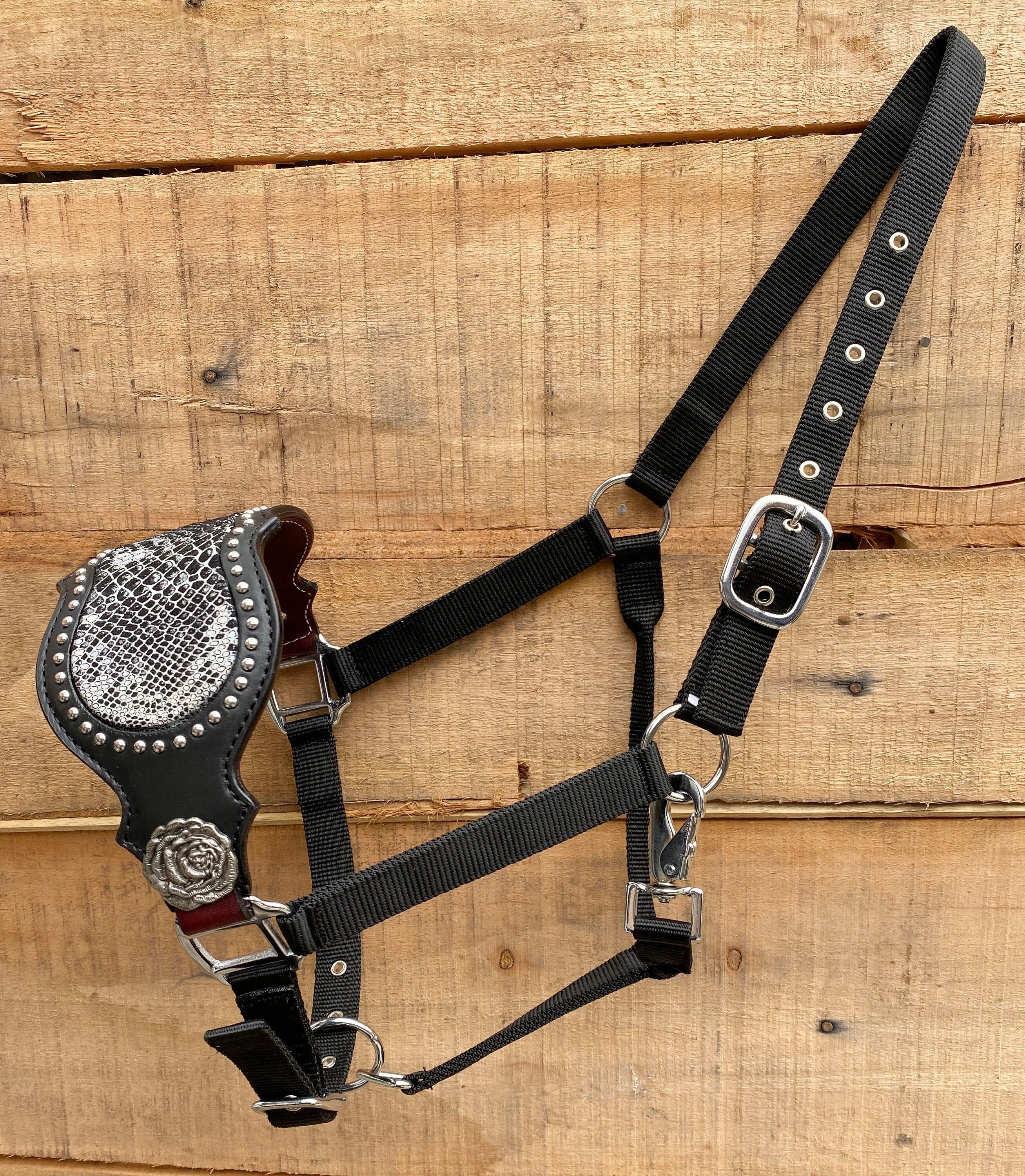 MOUSM Argentina Cow Leather Bronc Halter - Western Horse Halter Decorated with Hand-Carved Rose Design and Holographic Snake Print with Silver Studs & Rose Design Conchos