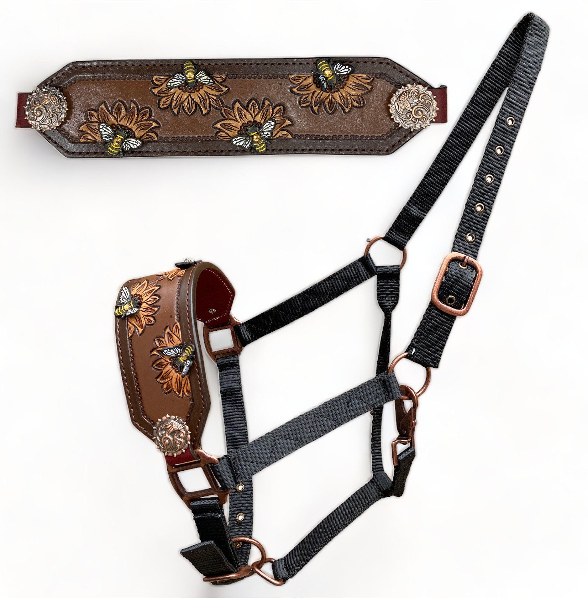 MOSUM Argentina Cow Leather Bronc Halter - Western Horse Halter Decorated with Hand-Painted Sunflower & 3D Bees Carving, Antique Copper Conchos