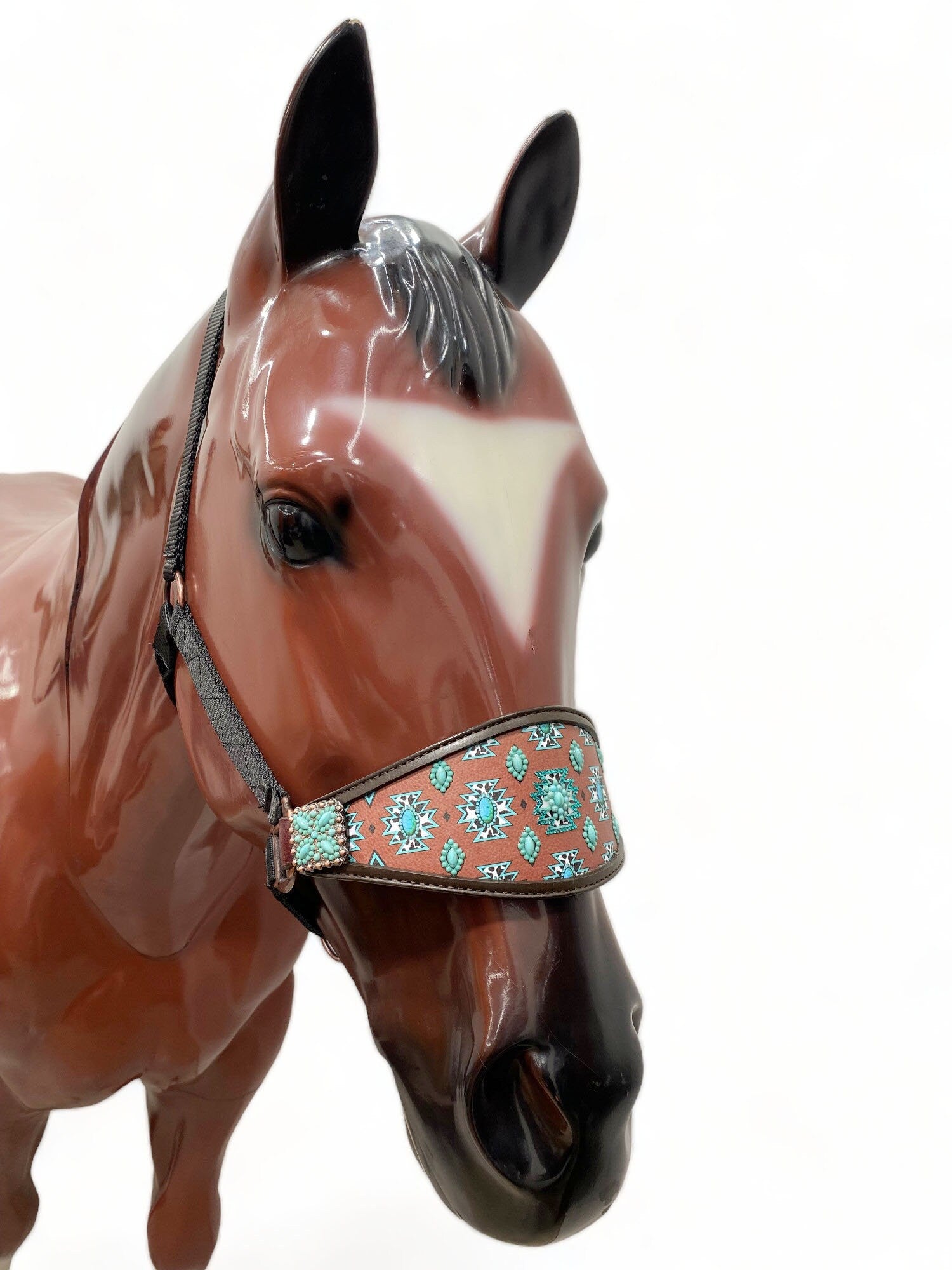 MOUSM Western Bronc Halter – Argentina Cow Leather Halter For Horse Decorated With Turquoise Aztec Print, Embellished With Stones On Brown Leather And A Matching Concho