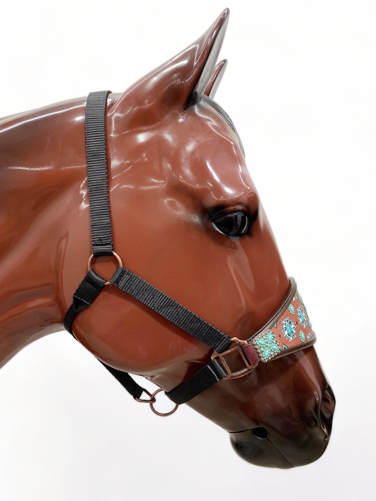 MOUSM Western Bronc Halter – Argentina Cow Leather Halter For Horse Decorated With Turquoise Aztec Print, Embellished With Stones On Brown Leather And A Matching Concho