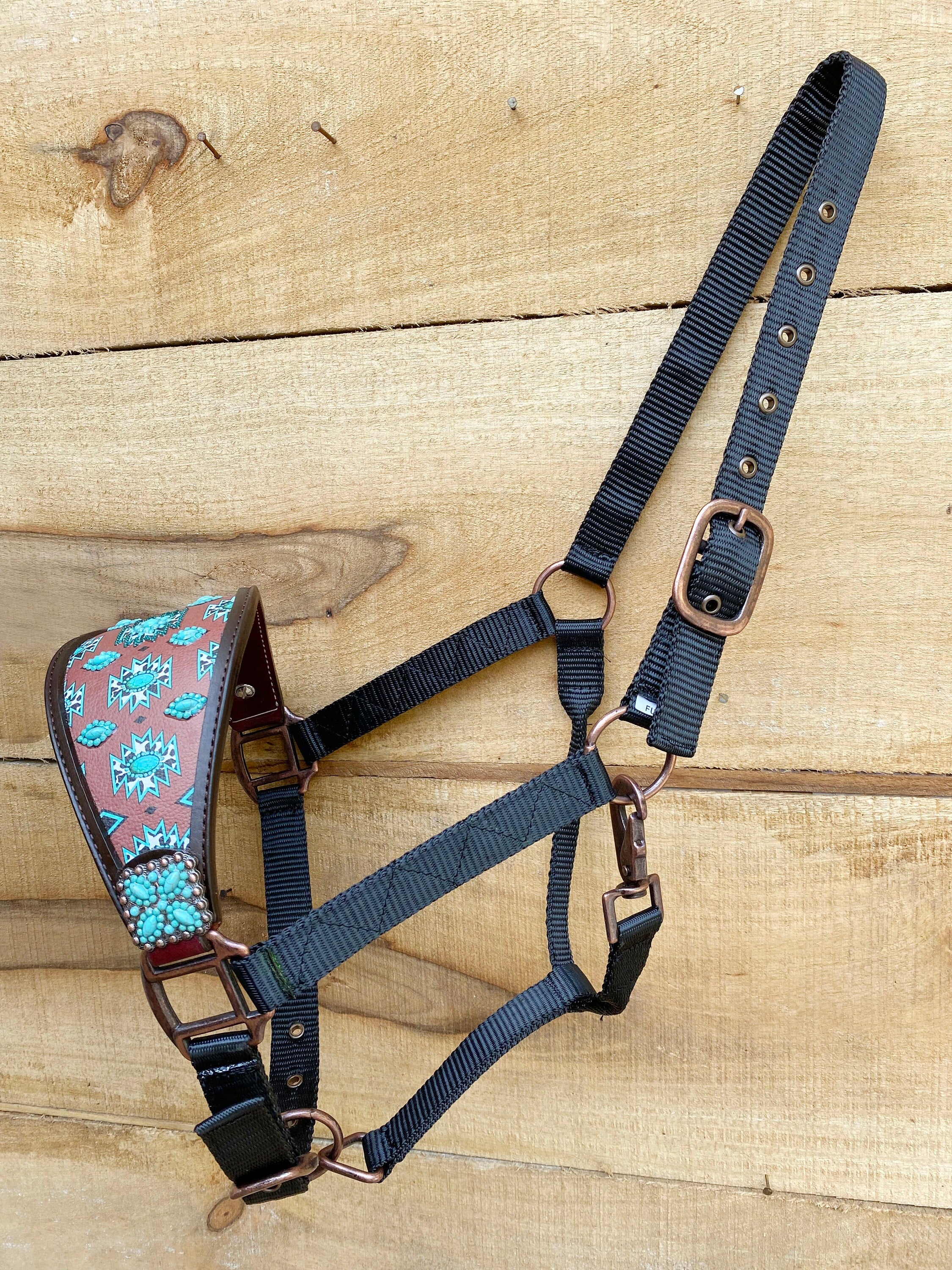 MOUSM Western Bronc Halter – Argentina Cow Leather Halter For Horse Decorated With Turquoise Aztec Print, Embellished With Stones On Brown Leather And A Matching Concho