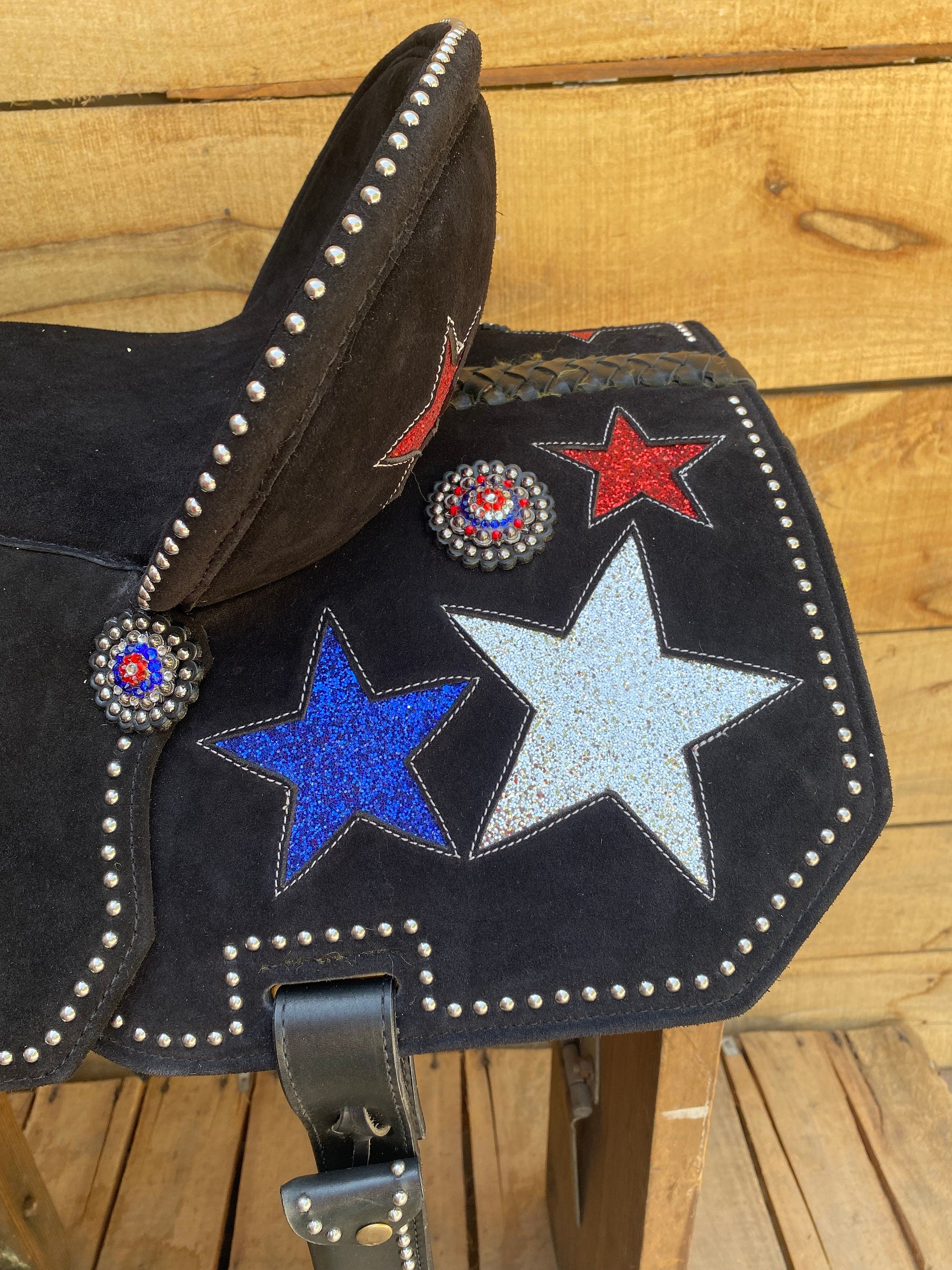 MOUSM Western Barrel Saddle - Built on a Rawhide Covered Fiber Tree, Saddle Made from Genuine Black Argentina Leather with USA Flag Star Patch, Available in 13"-17" Seat Options