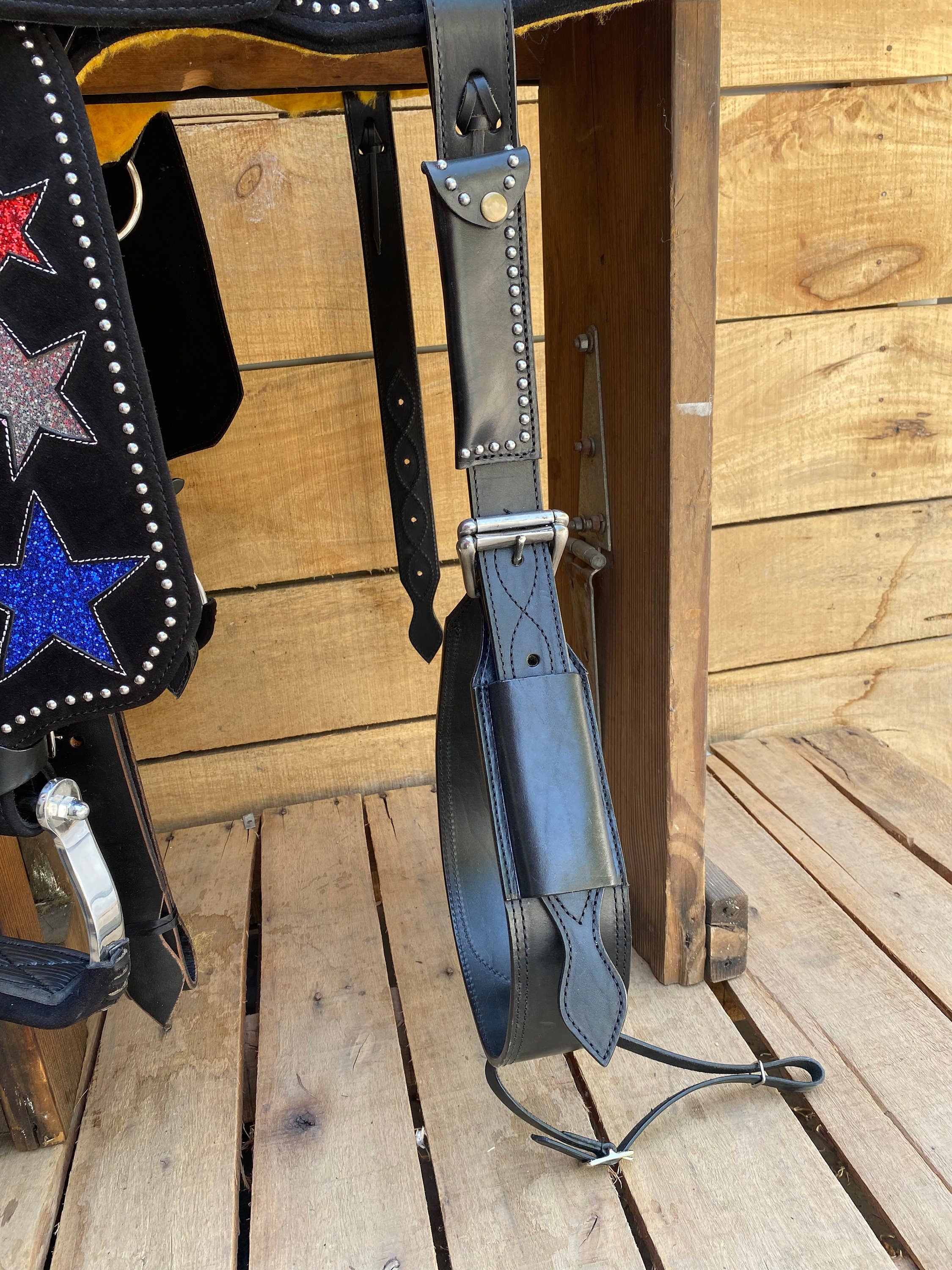 MOUSM Western Barrel Saddle - Built on a Rawhide Covered Fiber Tree, Saddle Made from Genuine Black Argentina Leather with USA Flag Star Patch, Available in 13"-17" Seat Options