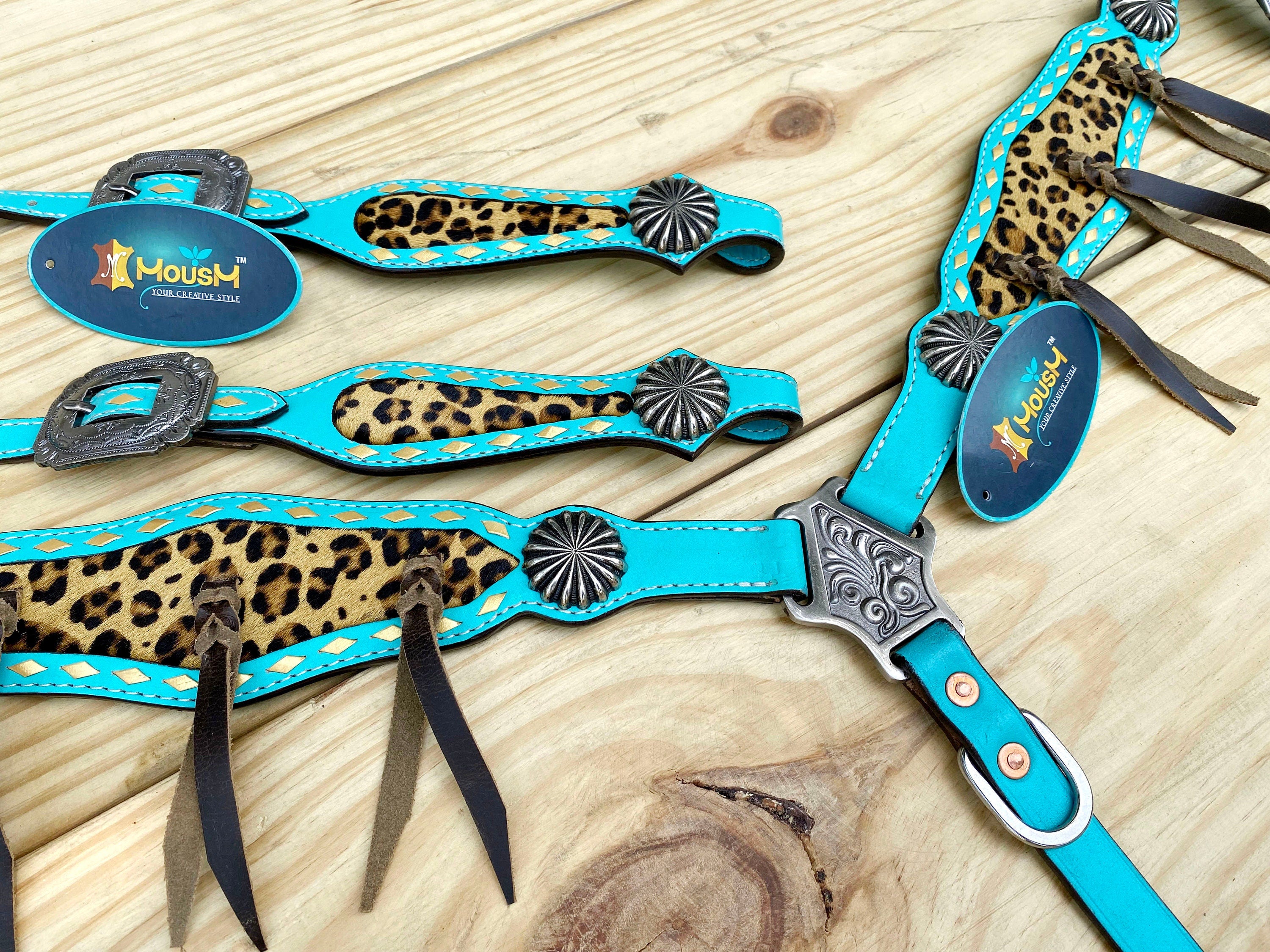 MOUSM Western Leather Headstall & Breast Collar Set – Turquoise Horse Tack with Leopard Pattern Inlay and Leather Brown Fringe, Sunburst Concho
