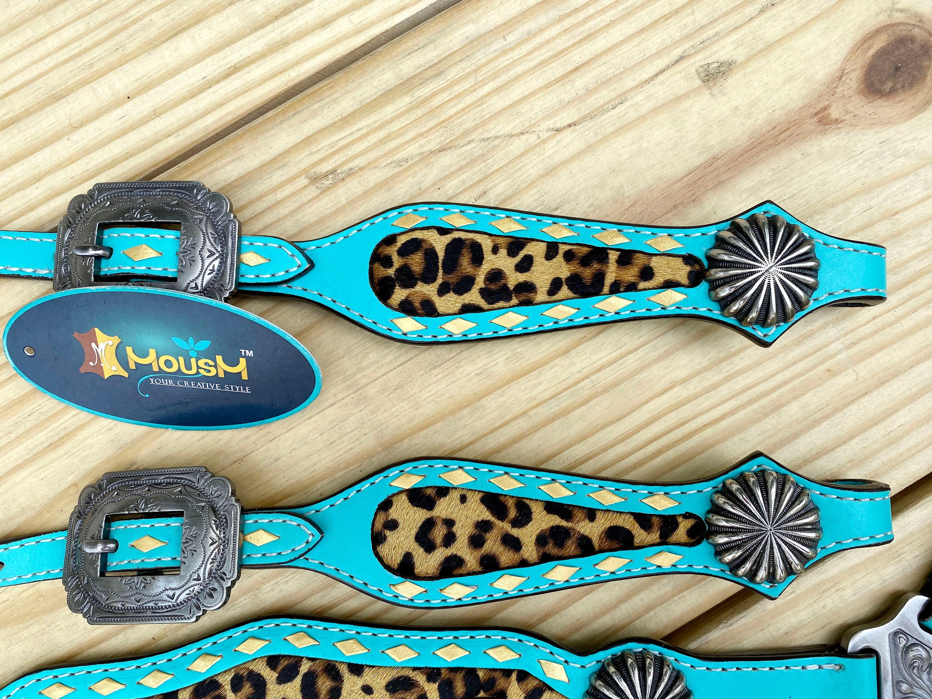 MOUSM Western Leather Headstall & Breast Collar Set – Turquoise Horse Tack with Leopard Pattern Inlay and Leather Brown Fringe, Sunburst Concho
