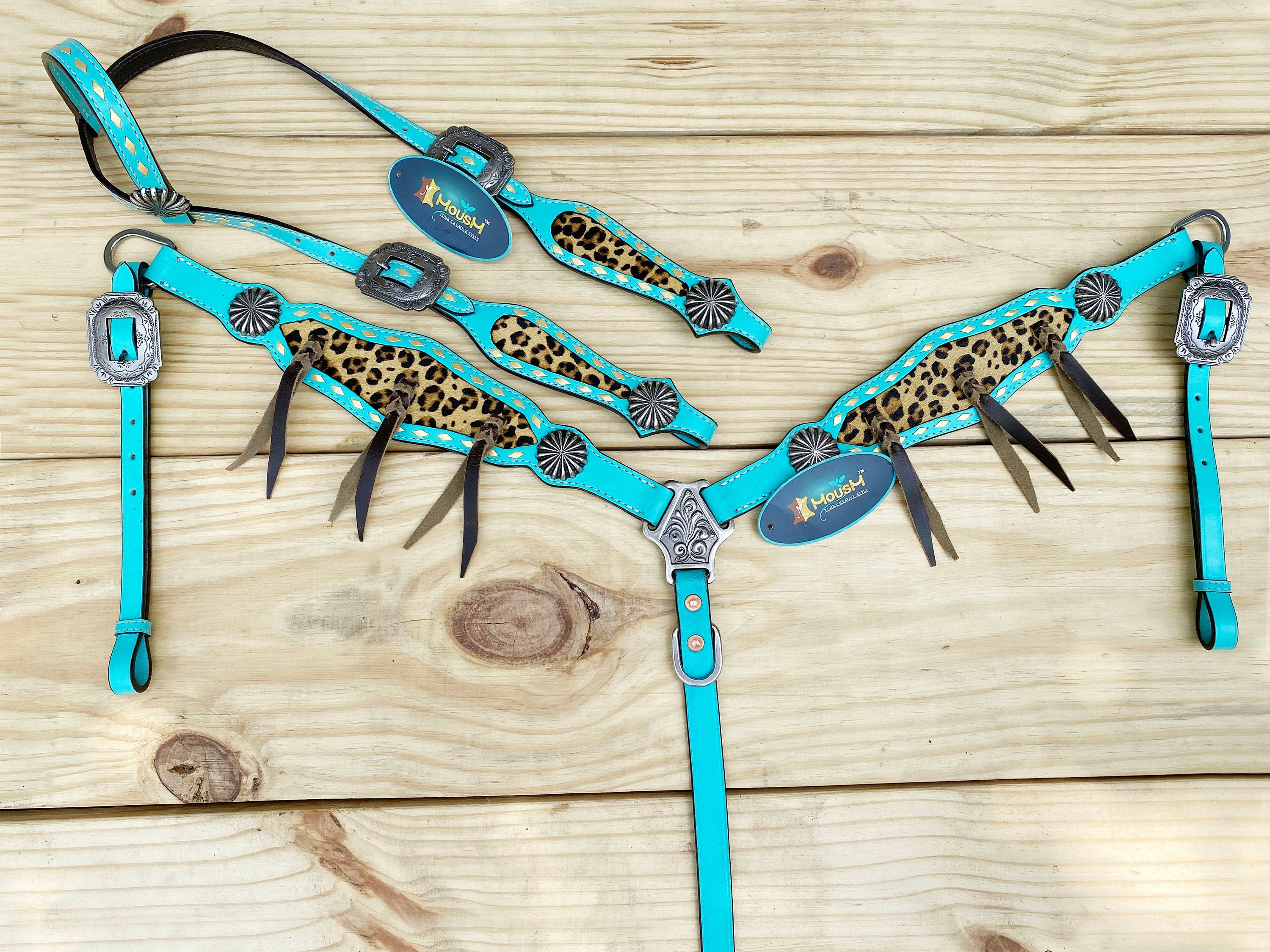 MOUSM Western Leather Headstall & Breast Collar Set – Turquoise Horse Tack with Leopard Pattern Inlay and Leather Brown Fringe, Sunburst Concho