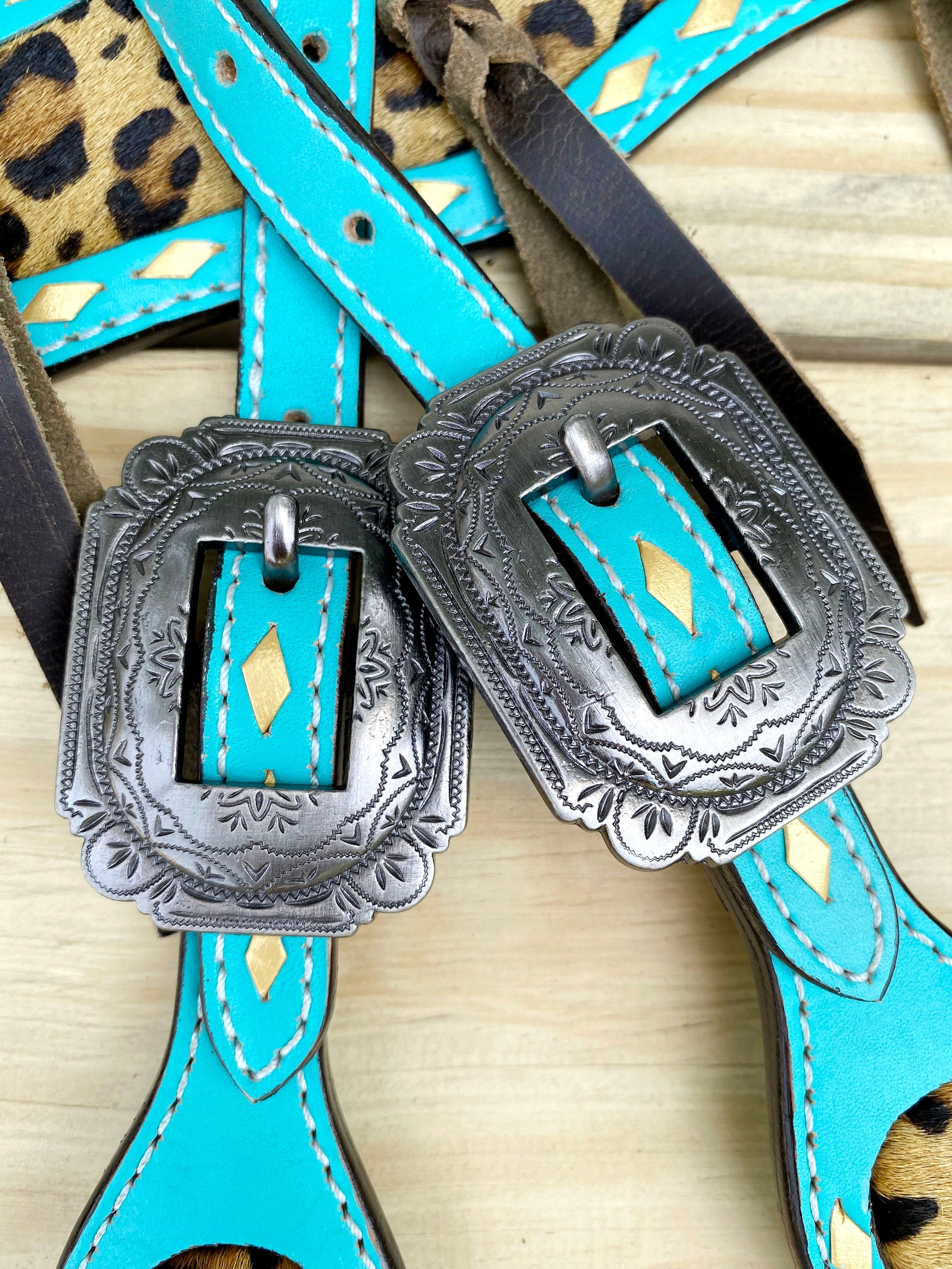 MOUSM Western Leather Headstall & Breast Collar Set – Turquoise Horse Tack with Leopard Pattern Inlay and Leather Brown Fringe, Sunburst Concho