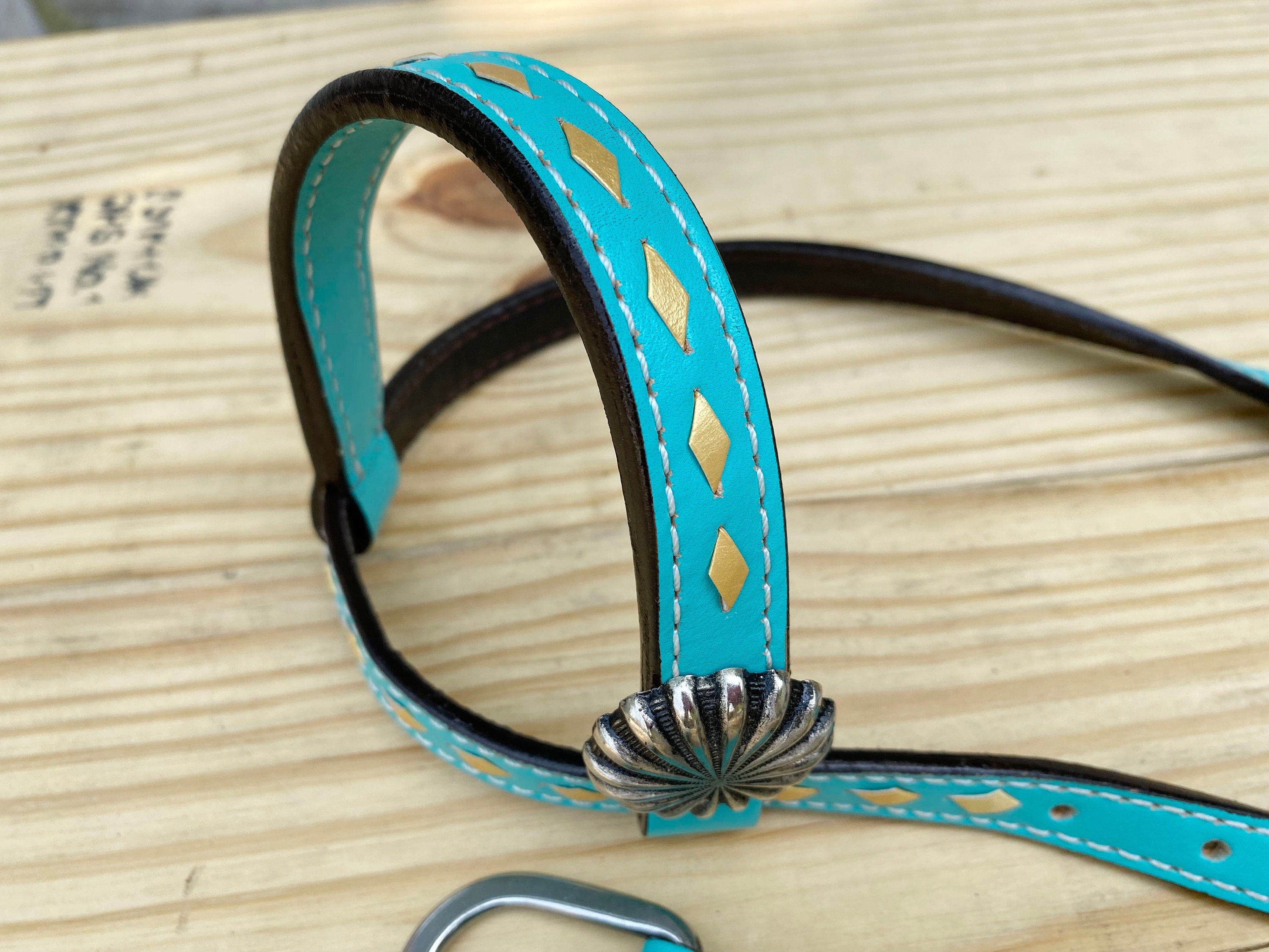 MOUSM Western Leather Headstall & Breast Collar Set – Turquoise Horse Tack with Leopard Pattern Inlay and Leather Brown Fringe, Sunburst Concho